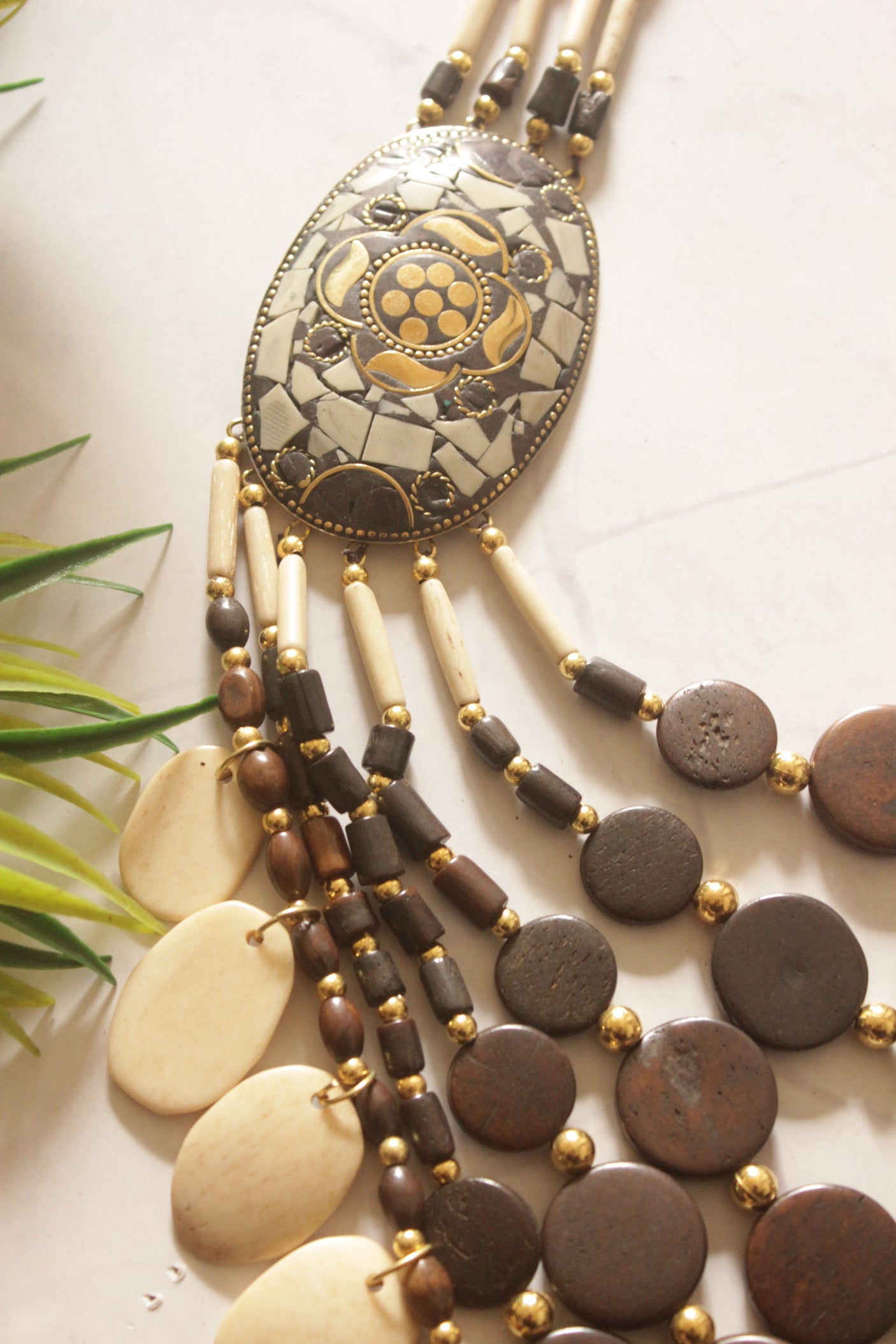 Ivory and Brown Bone Beads Handcrafted Multi-Layer African Tribal Necklace