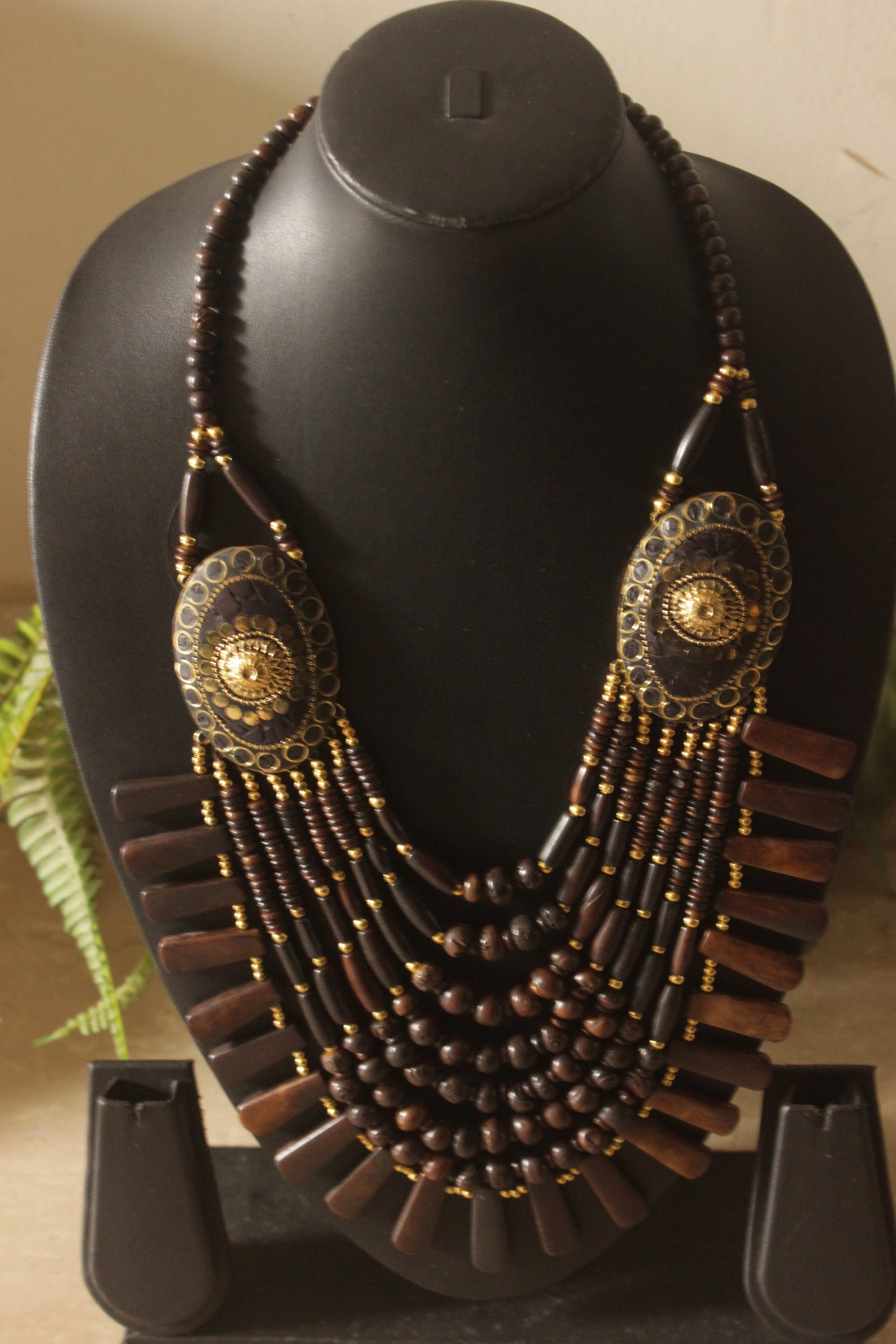 Brown and Gold Bone Beads Handcrafted Multi-Layer African Tribal Necklace