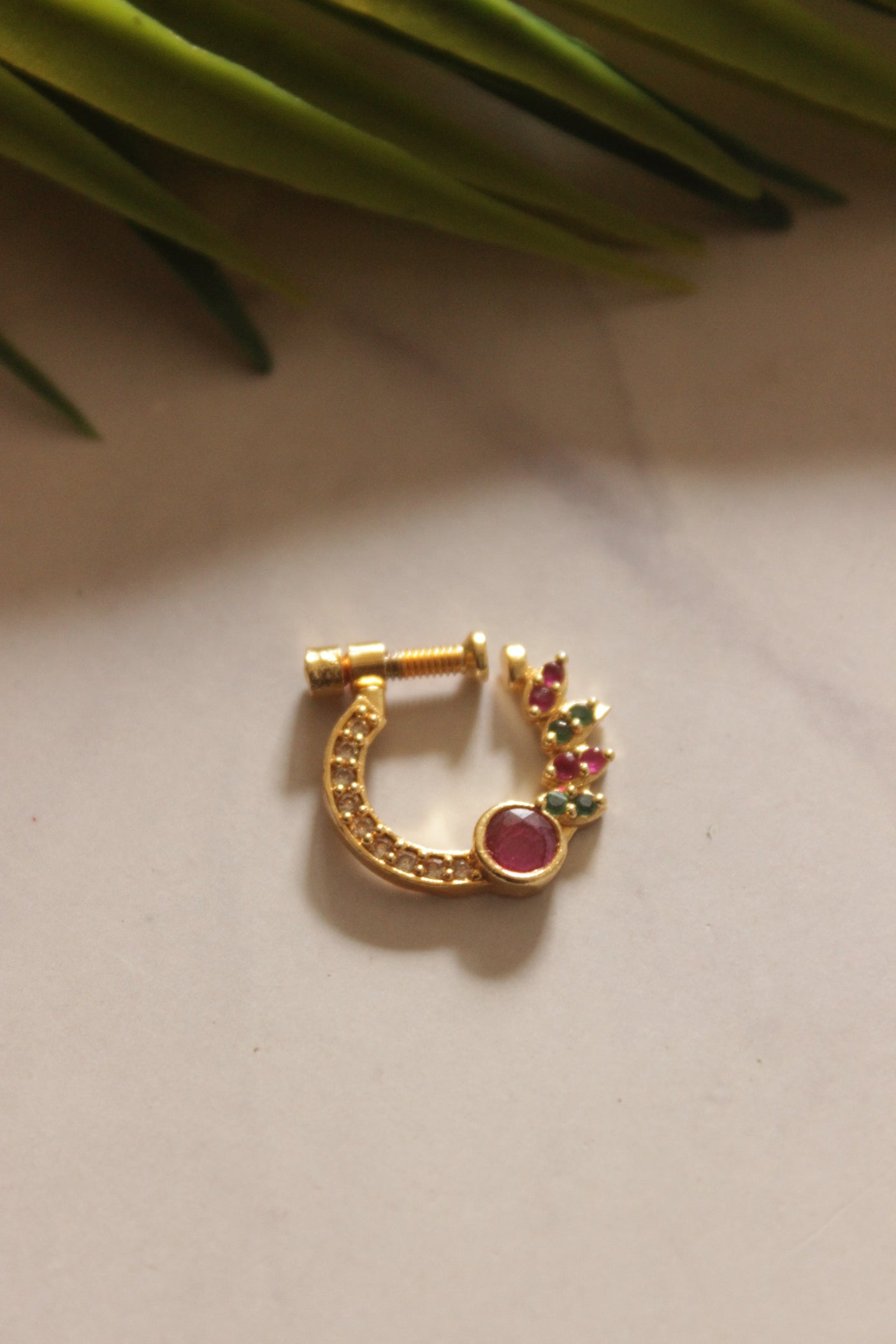 Red and Green Stones Embedded Gold Finish Clip On Nosepin