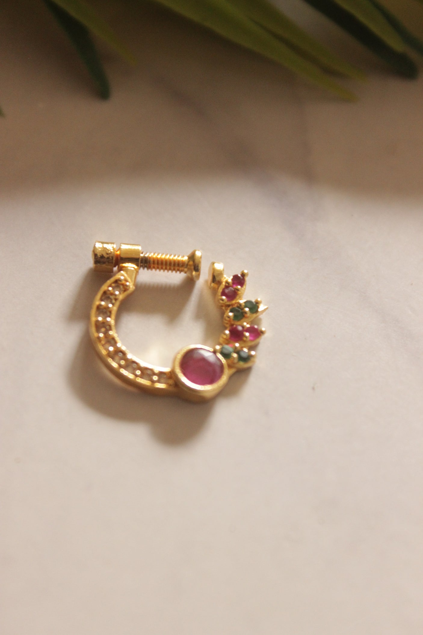Red and Green Stones Embedded Gold Finish Clip On Nosepin