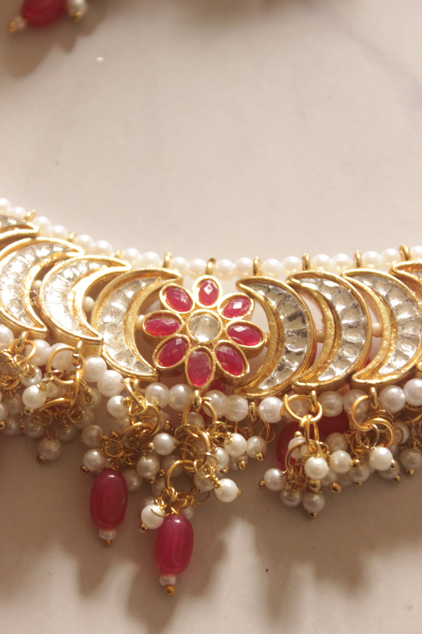 pink Glass Stones and Pearls Gold Finish Adjustable Length Choker Necklace