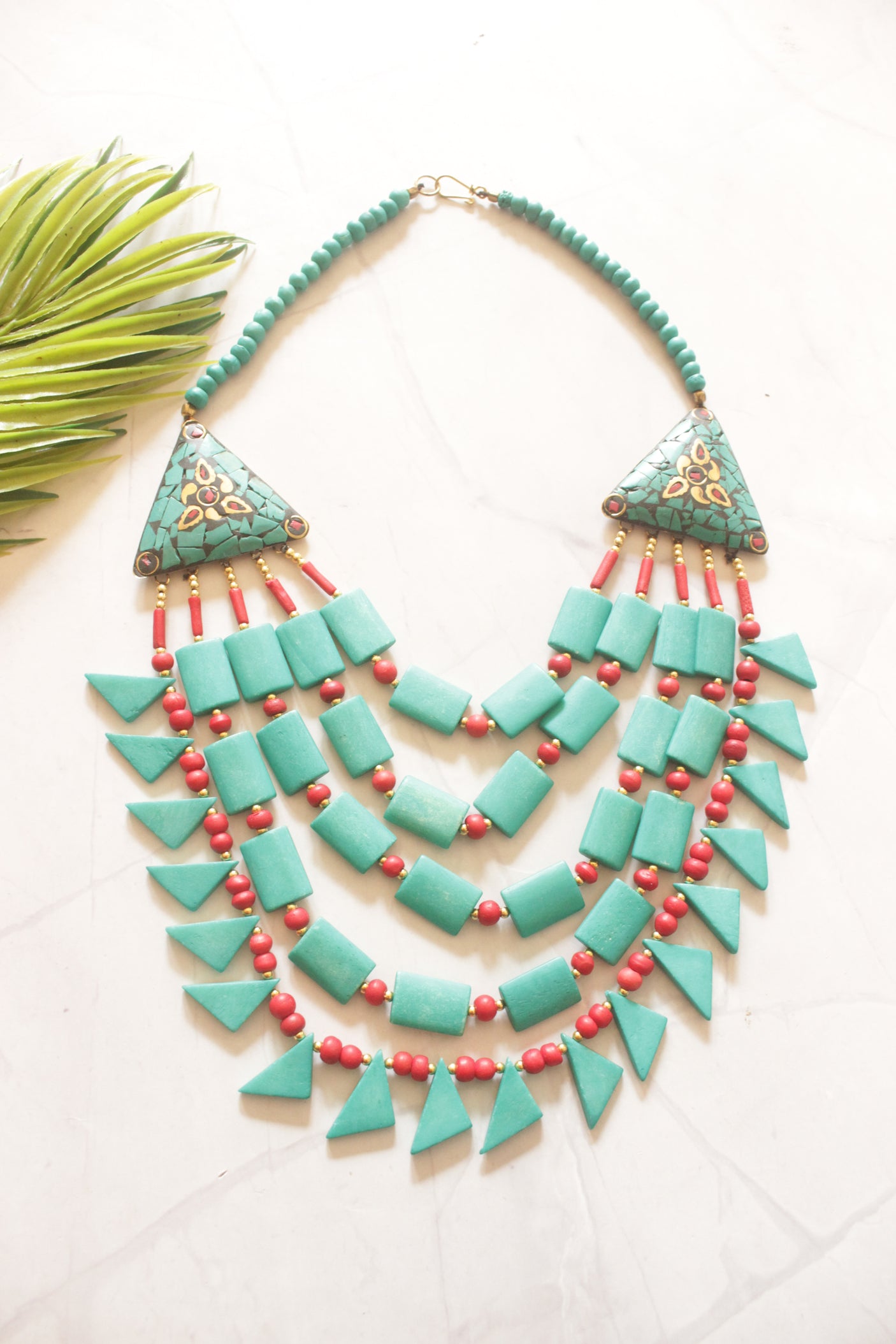 Turquoise and Red Bone Beads Handcrafted Multi-Layer African Tribal Necklace