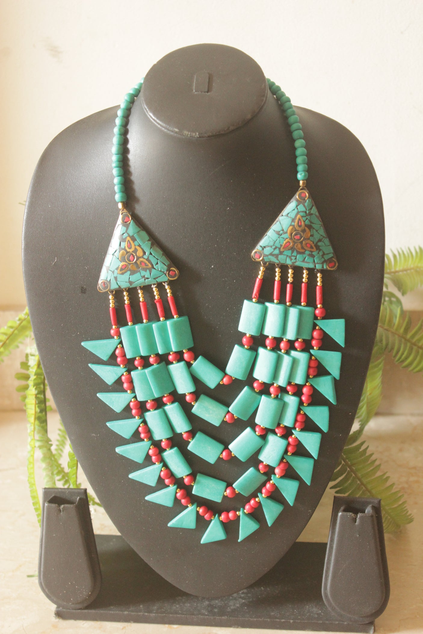 Turquoise and Red Bone Beads Handcrafted Multi-Layer African Tribal Necklace