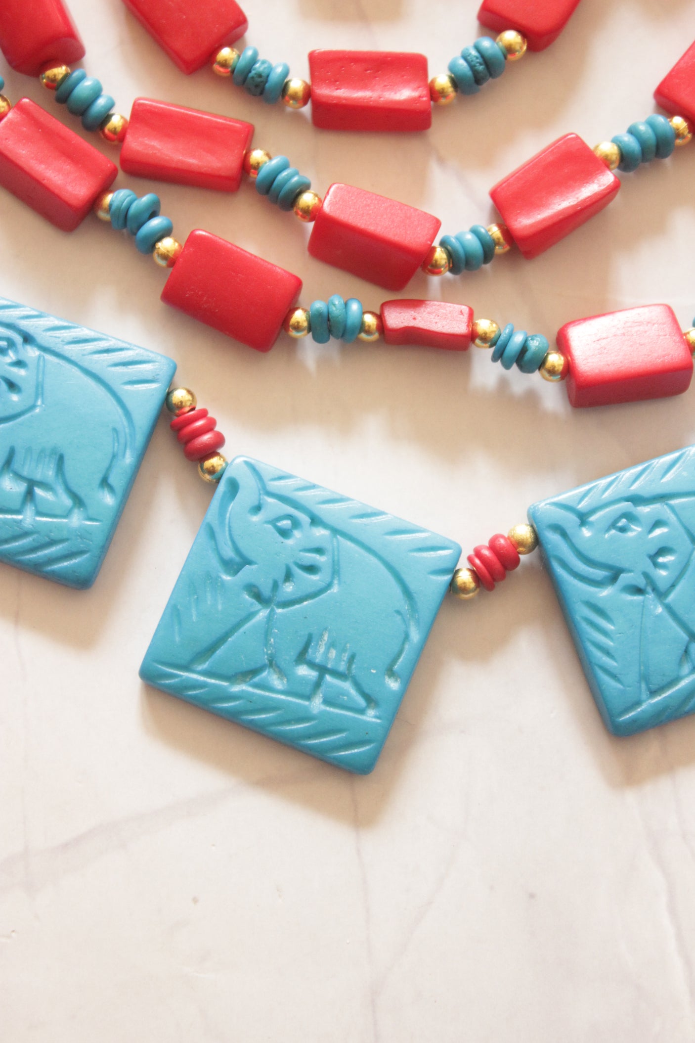 Engraved Turquoise and Red Bone Beads Handcrafted Multi-Layer African Tribal Necklace