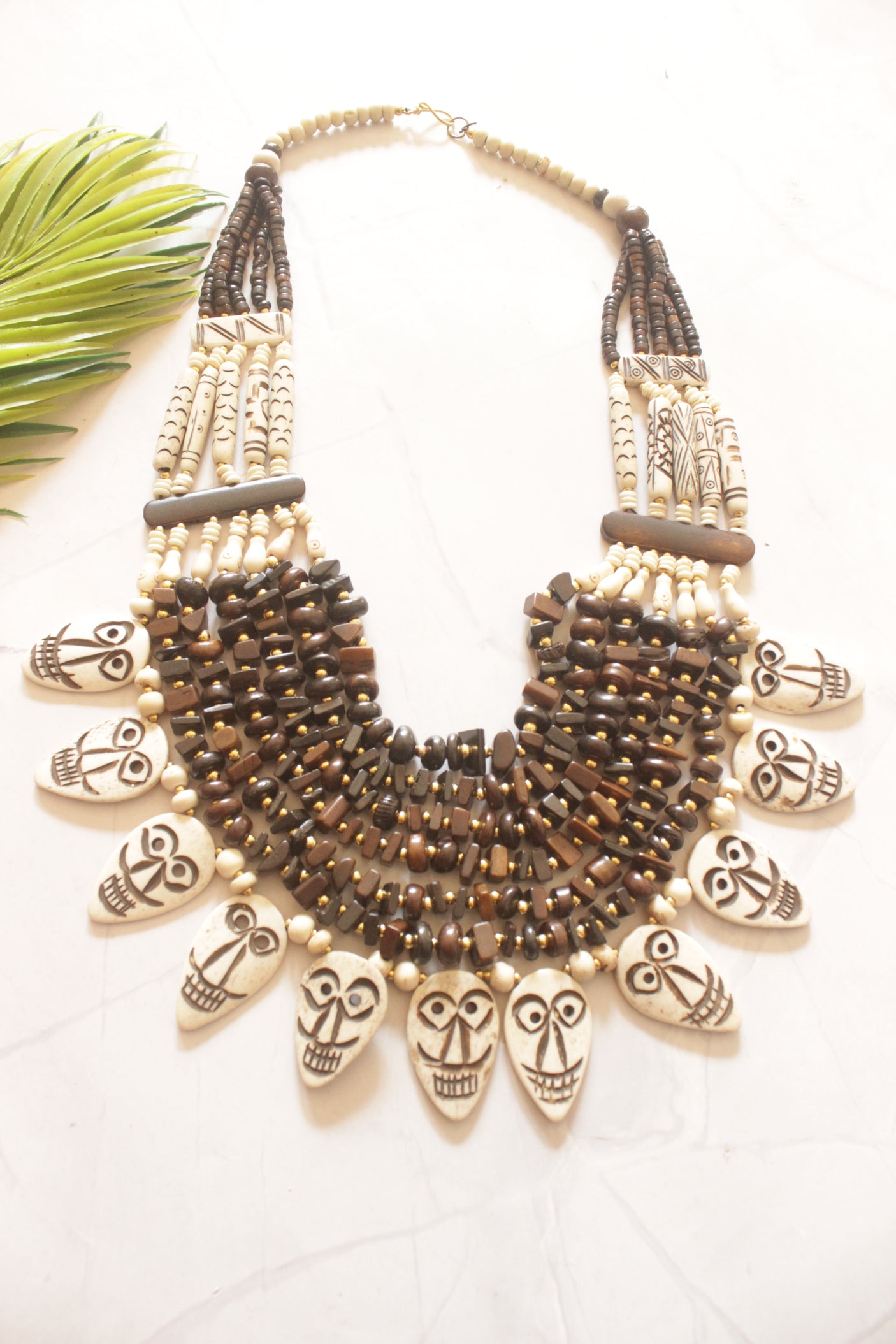 Engraved Ivory and Brown Bone Beads Handcrafted Multi-Layer African Tribal Necklace
