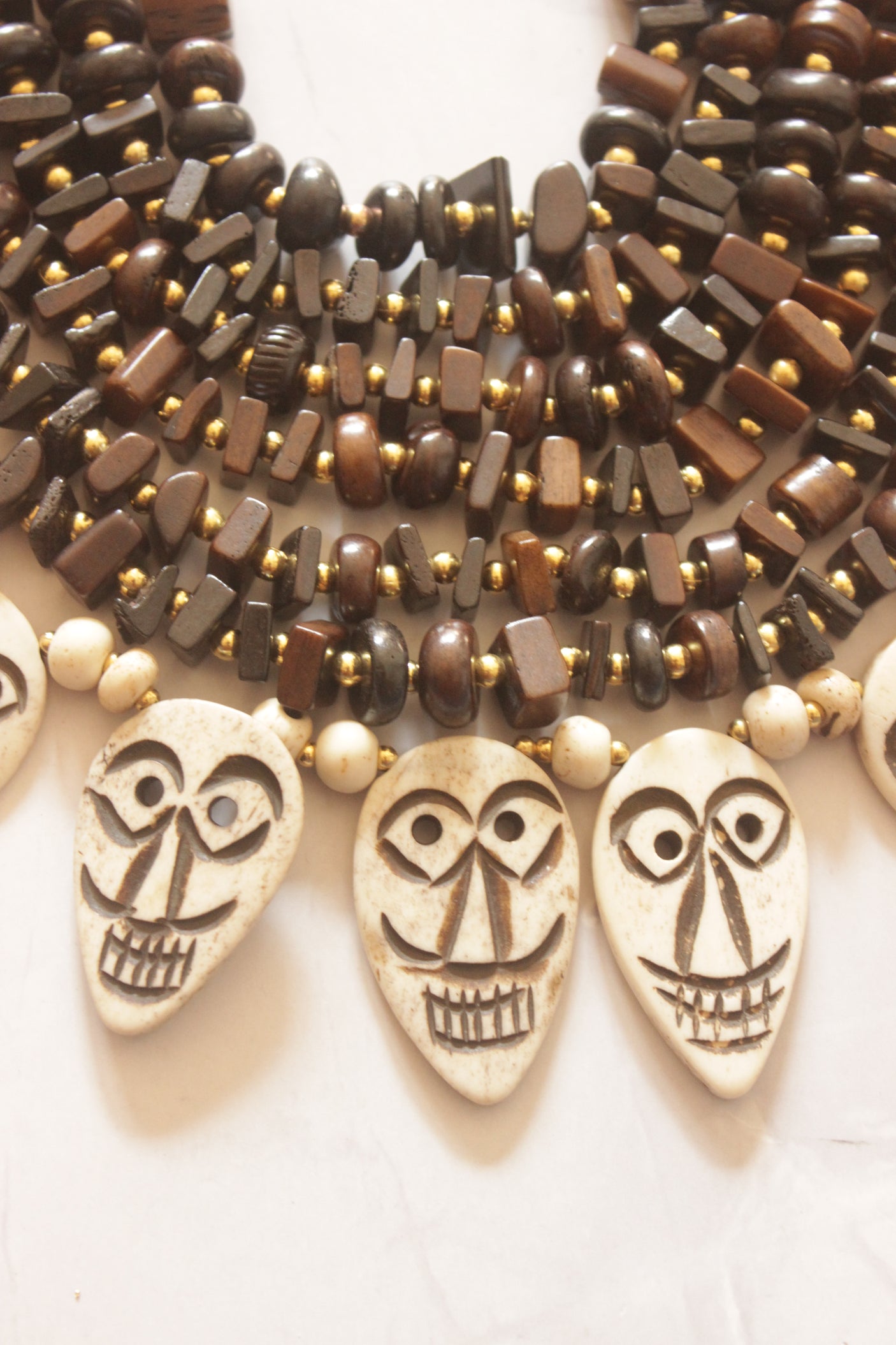 Engraved Ivory and Brown Bone Beads Handcrafted Multi-Layer African Tribal Necklace