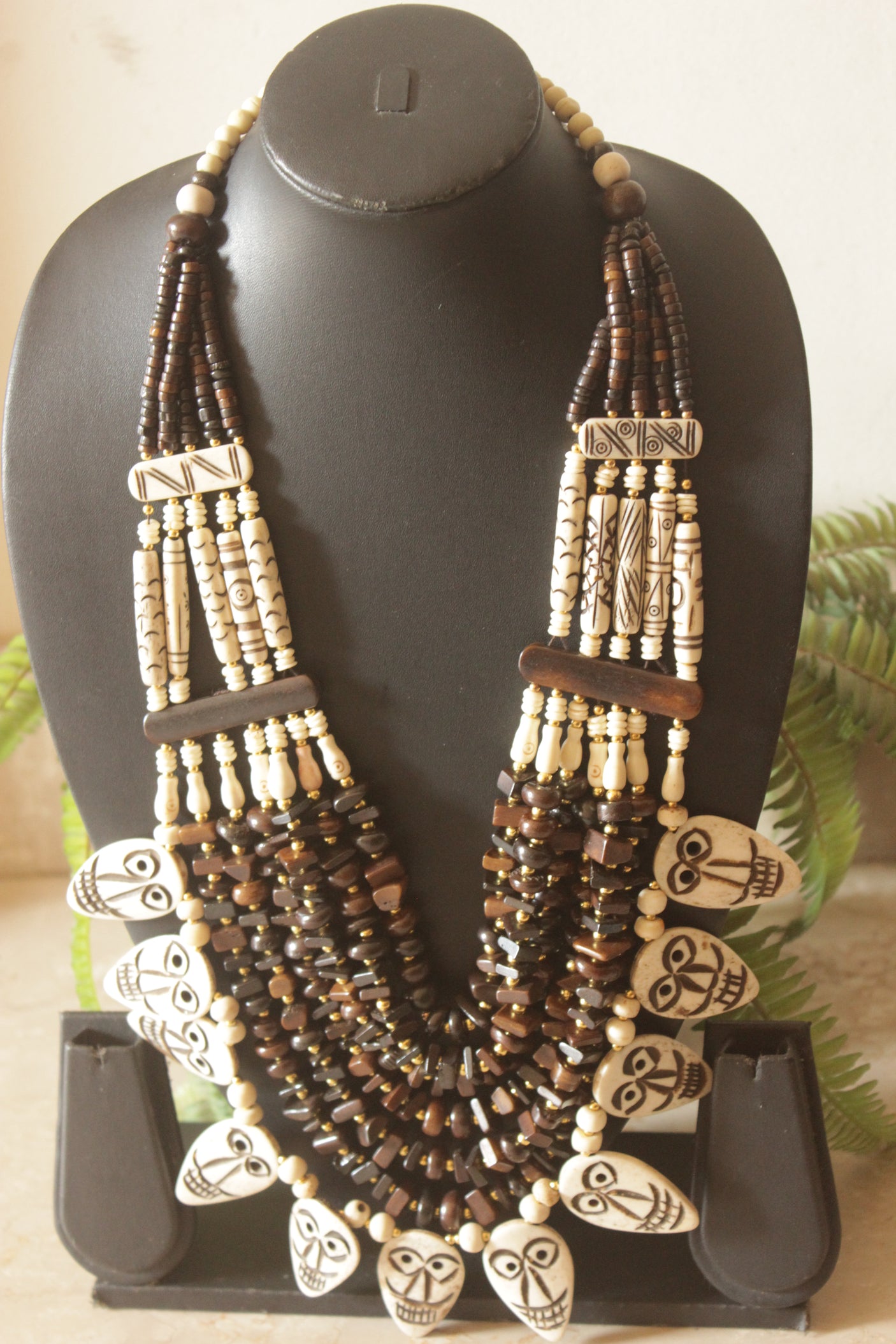 Engraved Ivory and Brown Bone Beads Handcrafted Multi-Layer African Tribal Necklace