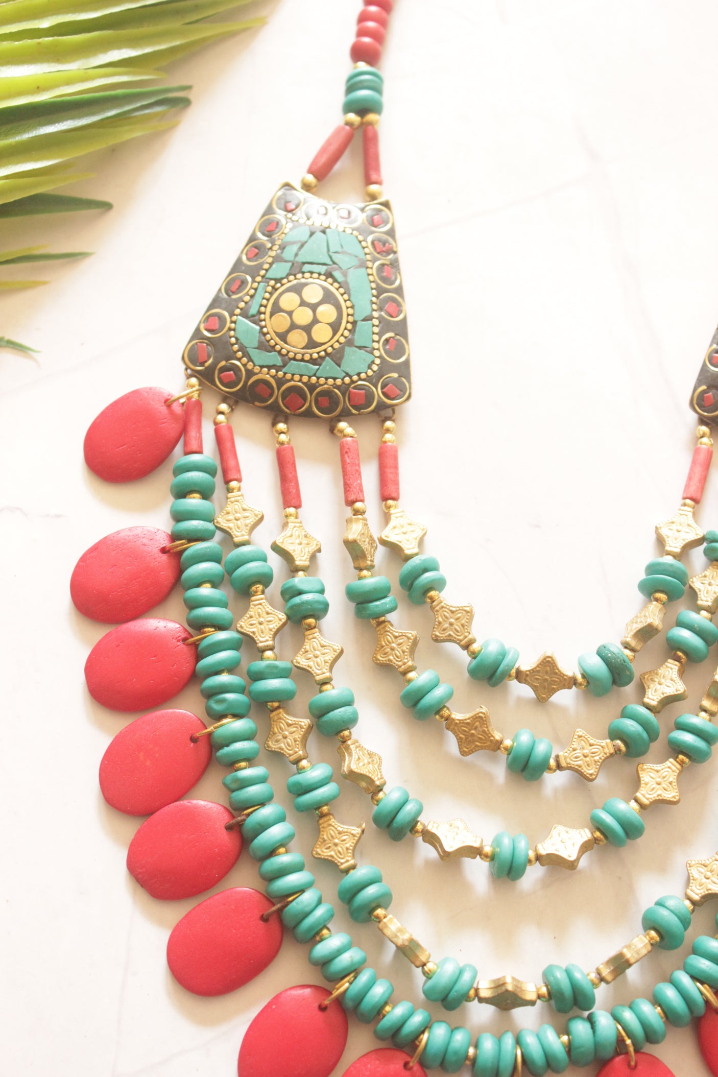 Turquoise and Red Bone Beads Handcrafted Multi-Layer African Tribal Necklace with Gold Accents