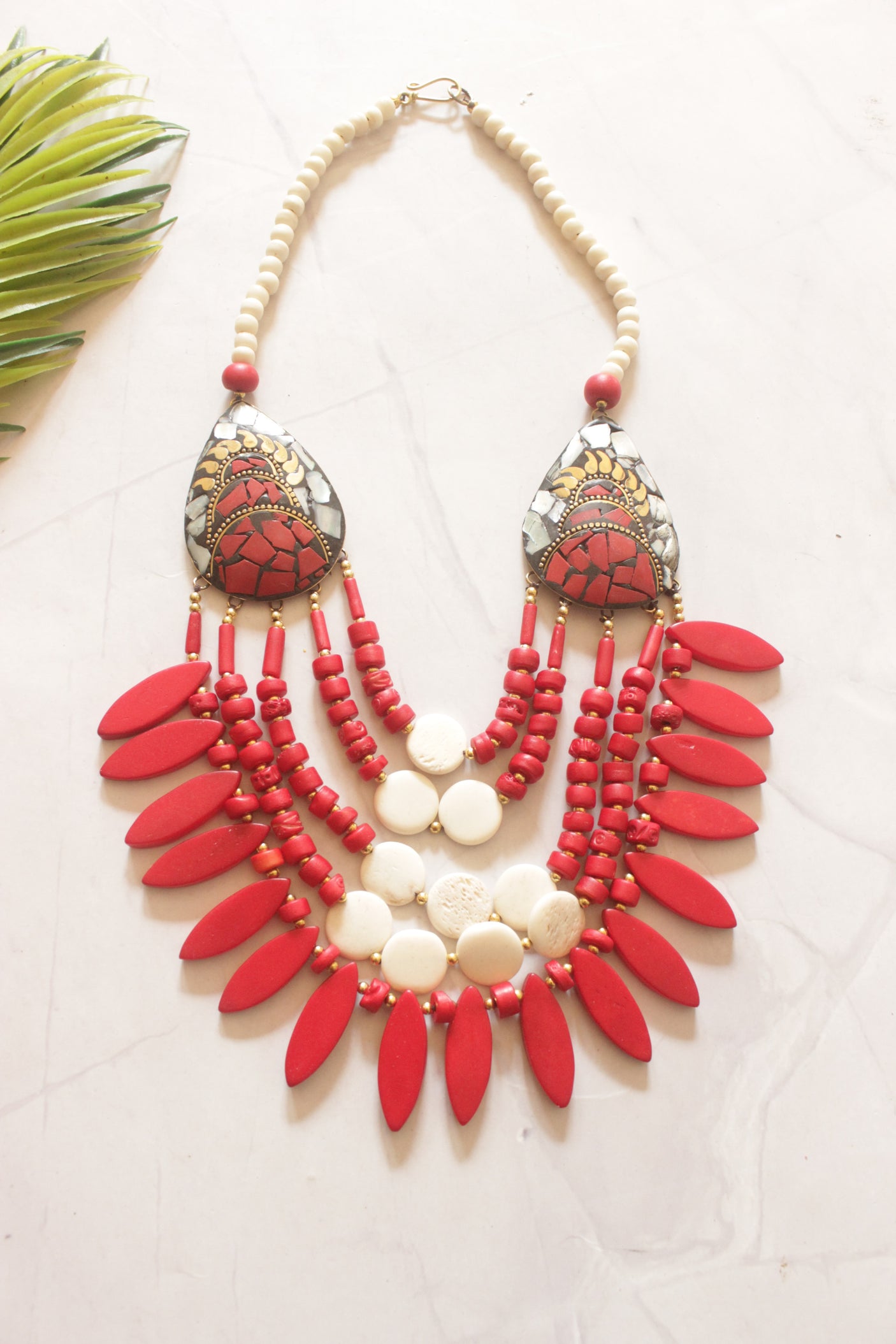 Red and White Bone Beads Handcrafted Multi-Layer African Tribal Necklace