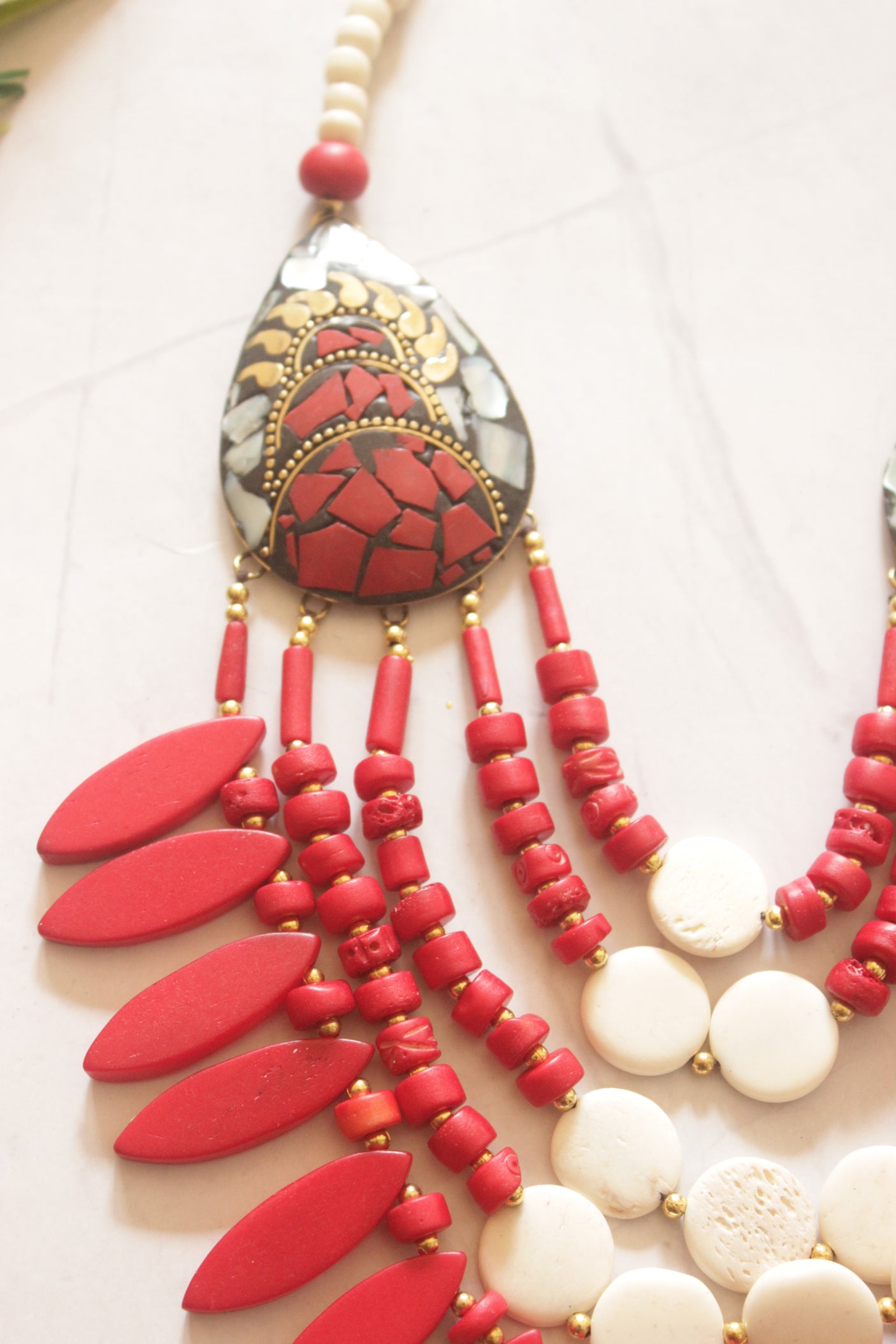 Red and White Bone Beads Handcrafted Multi-Layer African Tribal Necklace