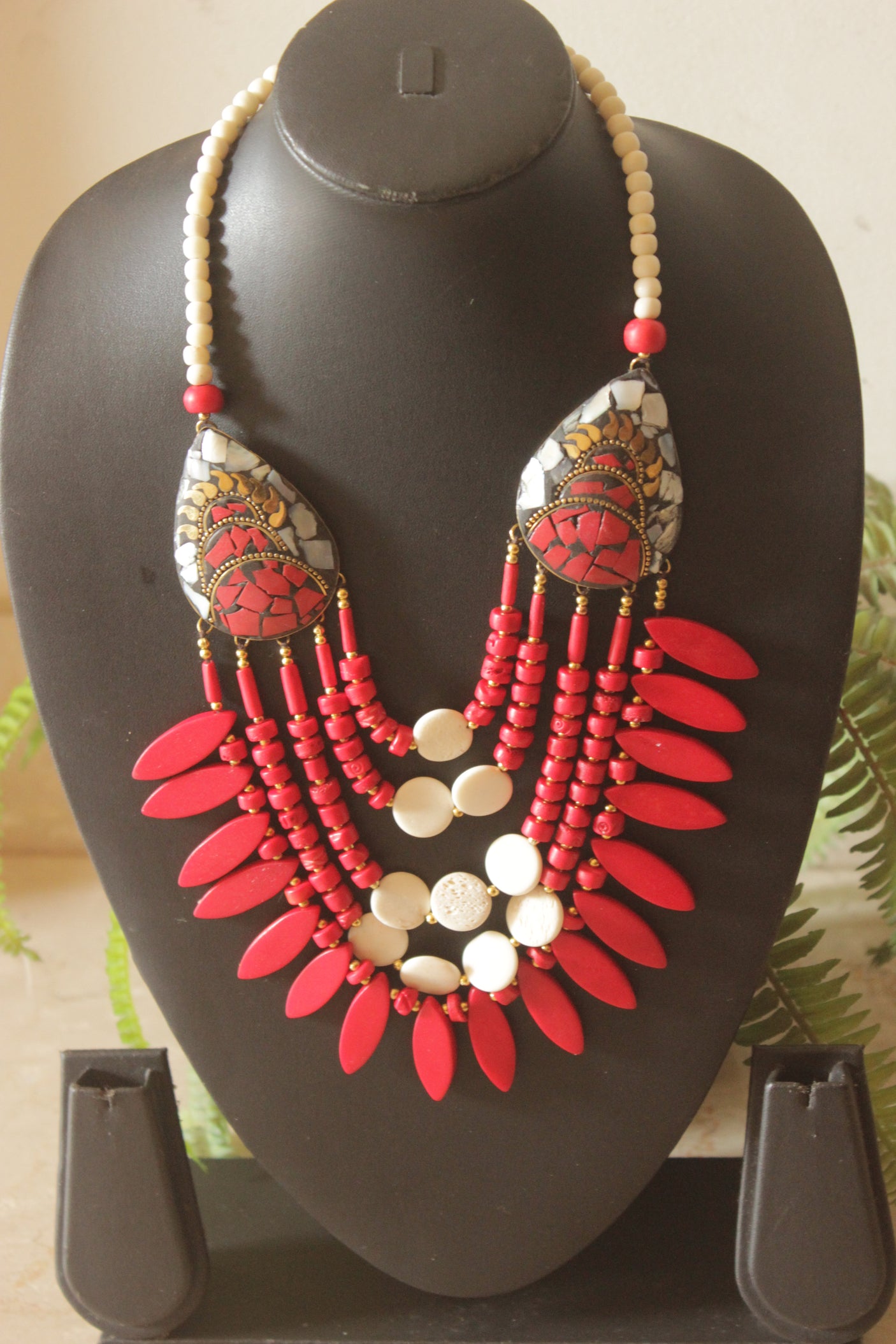 Red and White Bone Beads Handcrafted Multi-Layer African Tribal Necklace