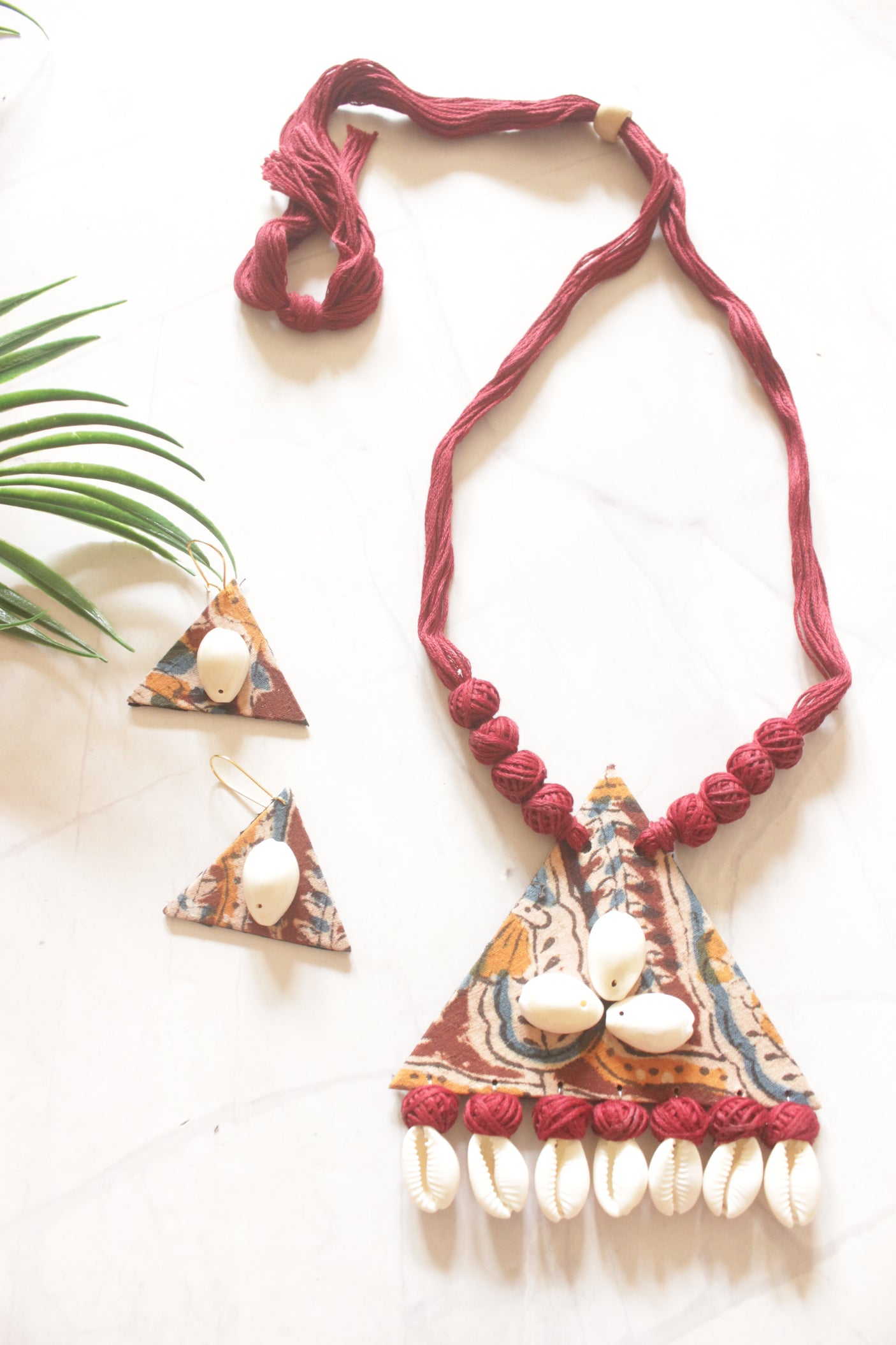Boho Tribal Kalamkari Fabric Cowrie Shell Necklace Set