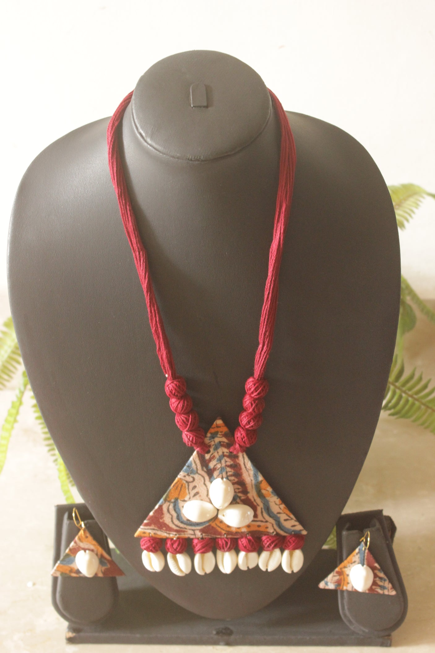 Boho Tribal Kalamkari Fabric Cowrie Shell Necklace Set
