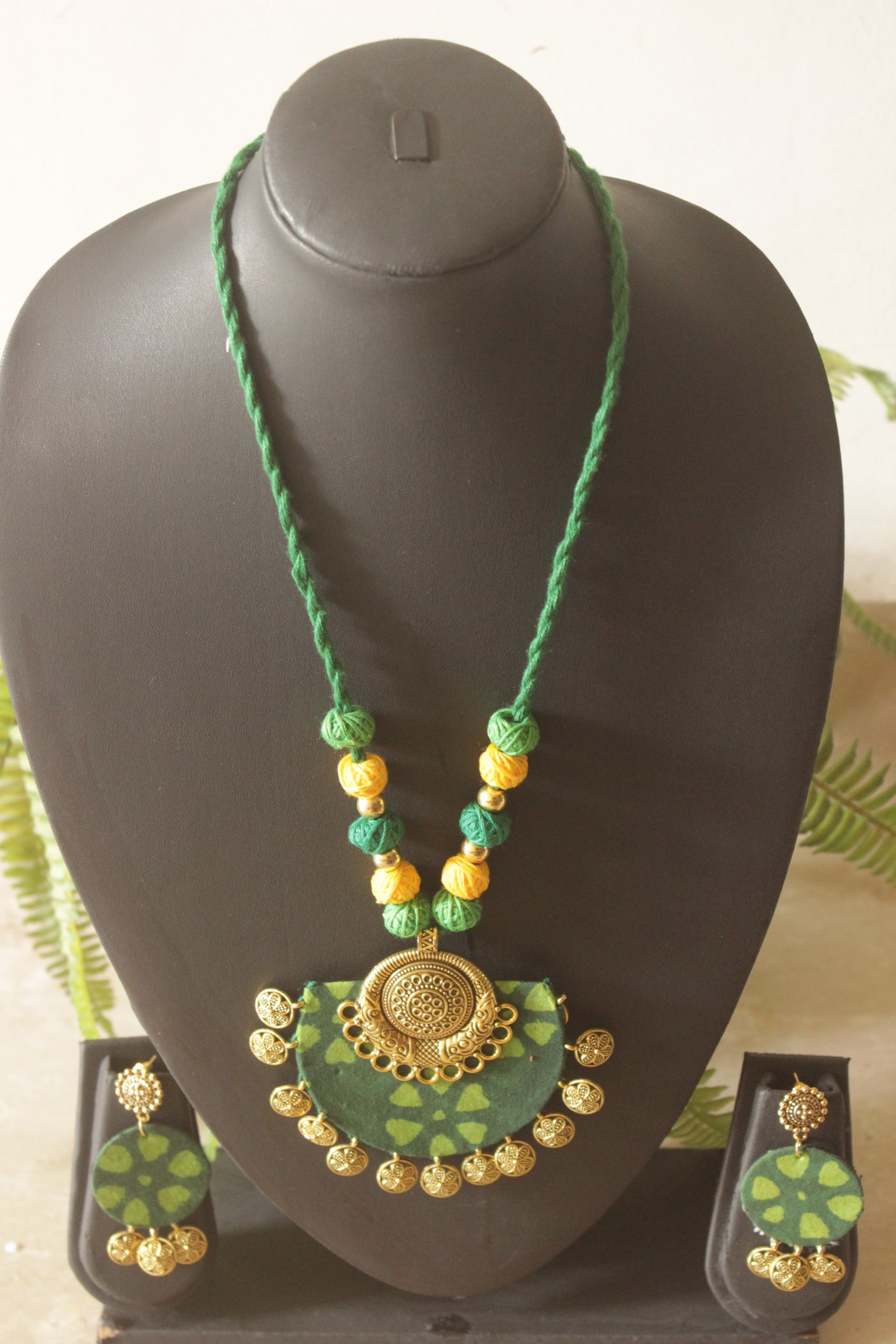 Green Batik Fabric Half Moon Gold Coin Necklace Set