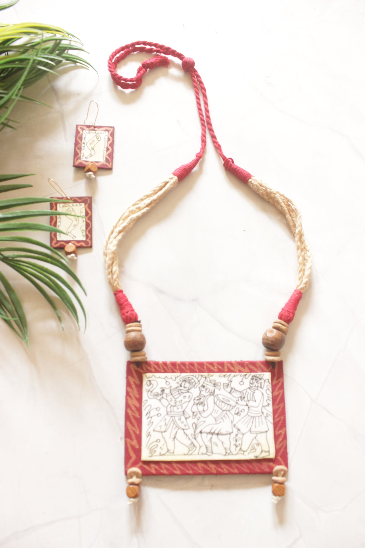 Pattachitra Story Pendant Hand Painted Fabric Necklace Set