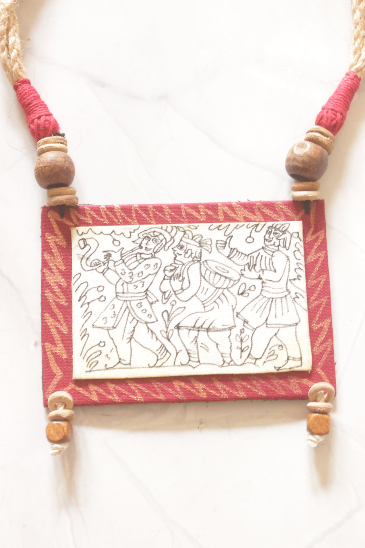 Pattachitra Story Pendant Hand Painted Fabric Necklace Set