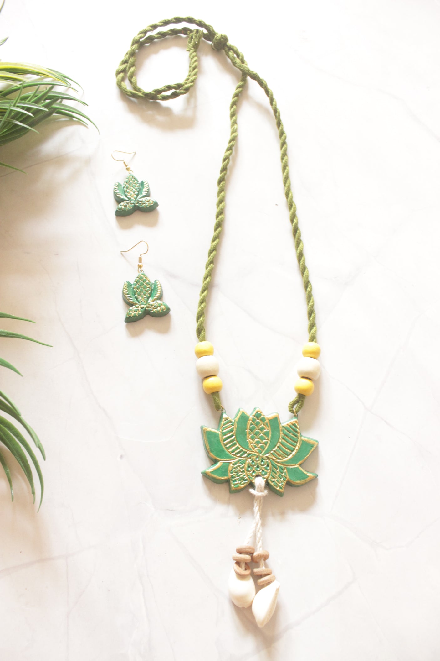 Lotus Hand Painted Terracotta Clay Necklace Set