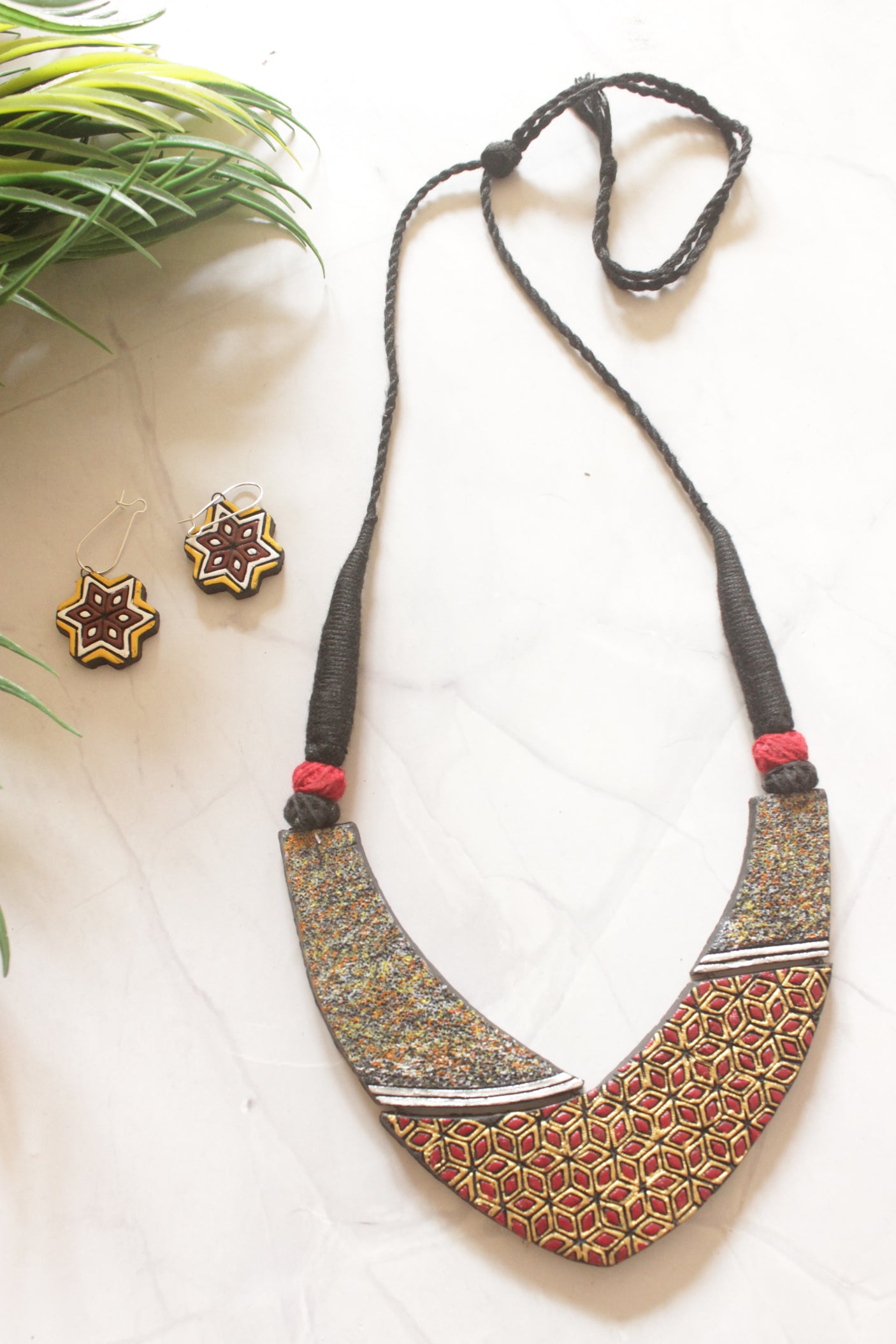 Rajwada Geometric Handcrafted Terracotta Clay Necklace Set