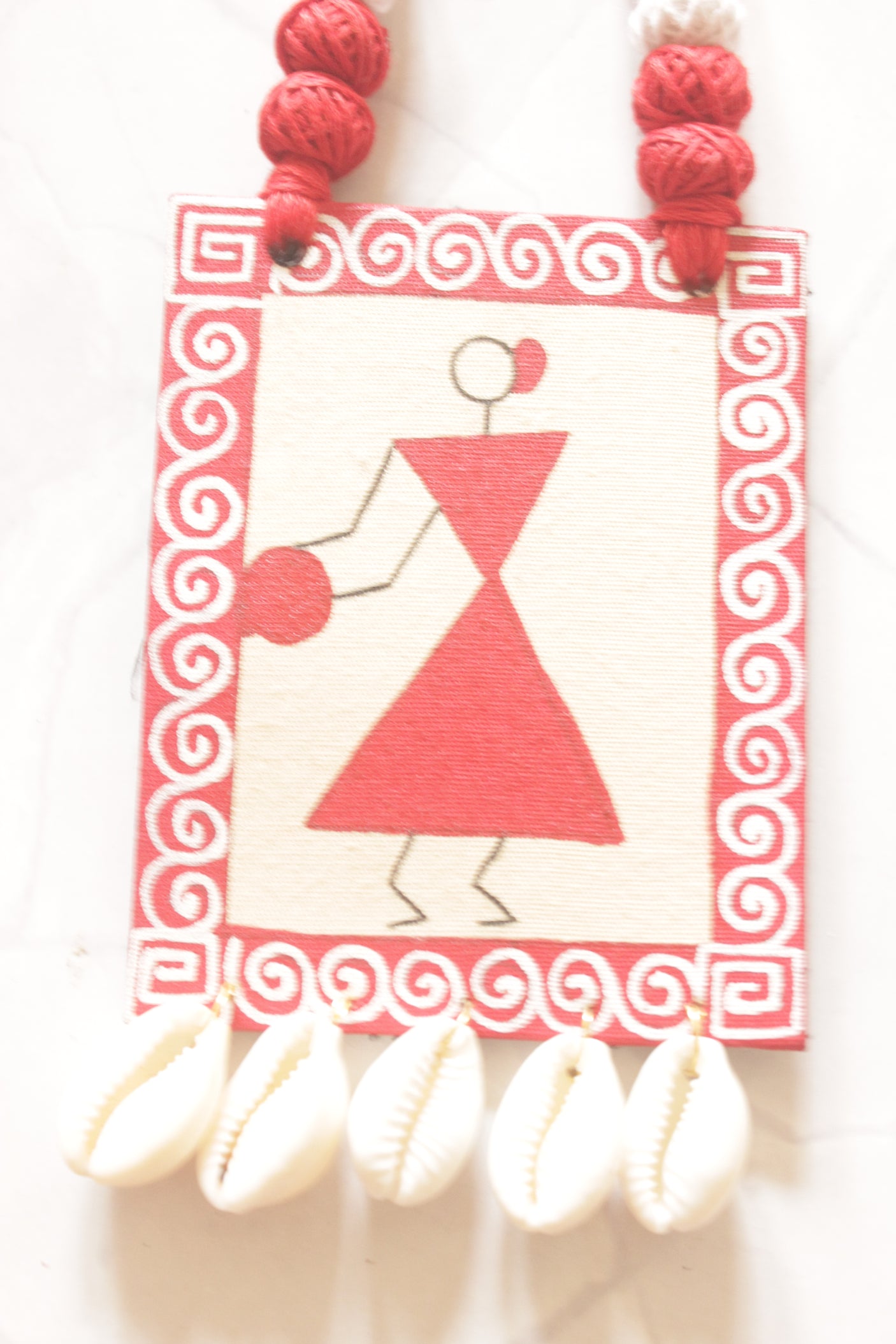 Red & Ivory Warli Nritya Hand Painted Cowrie Shells Necklace Set