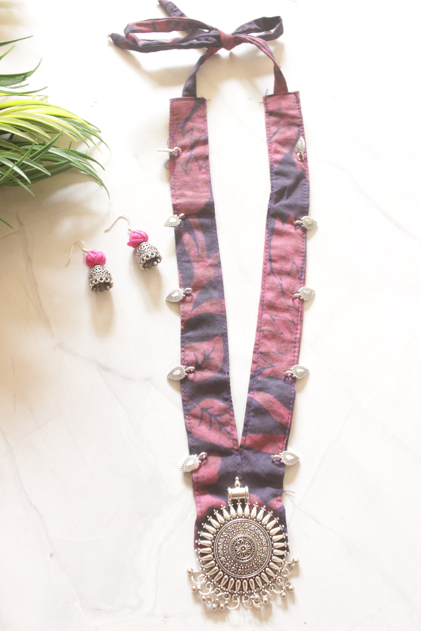 Indigo Blossom Batik Fabric Long Necklace Set with Metal Accents