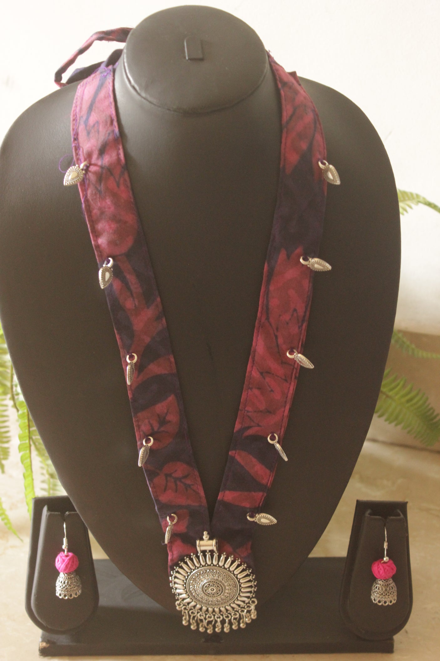 Indigo Blossom Batik Fabric Long Necklace Set with Metal Accents