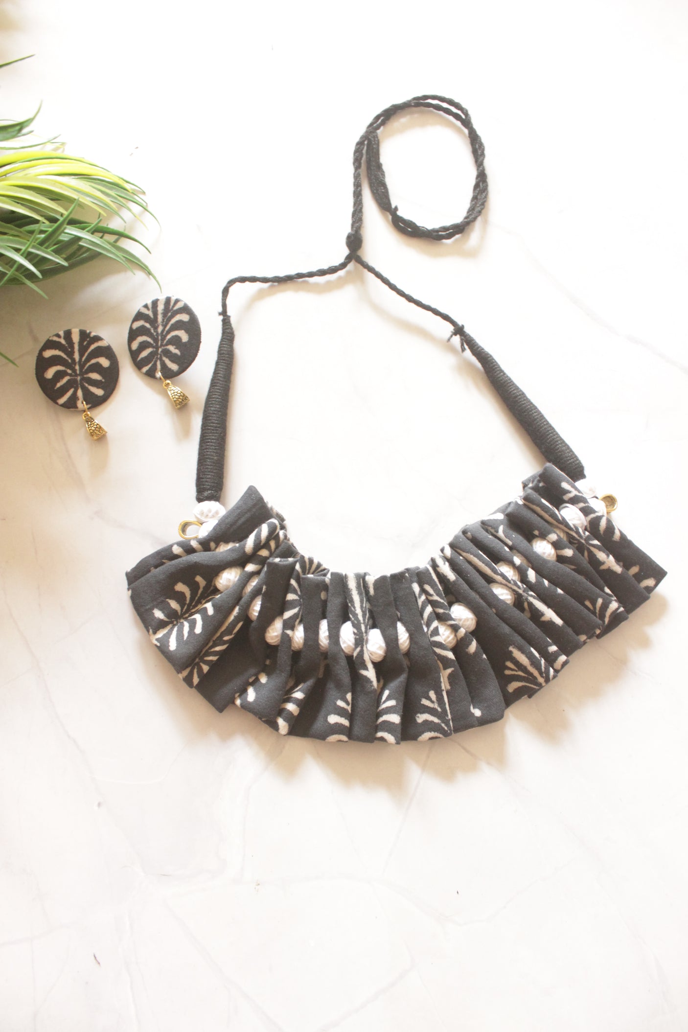 Black Bagru Block Printed Fabric Pleated Necklace Set