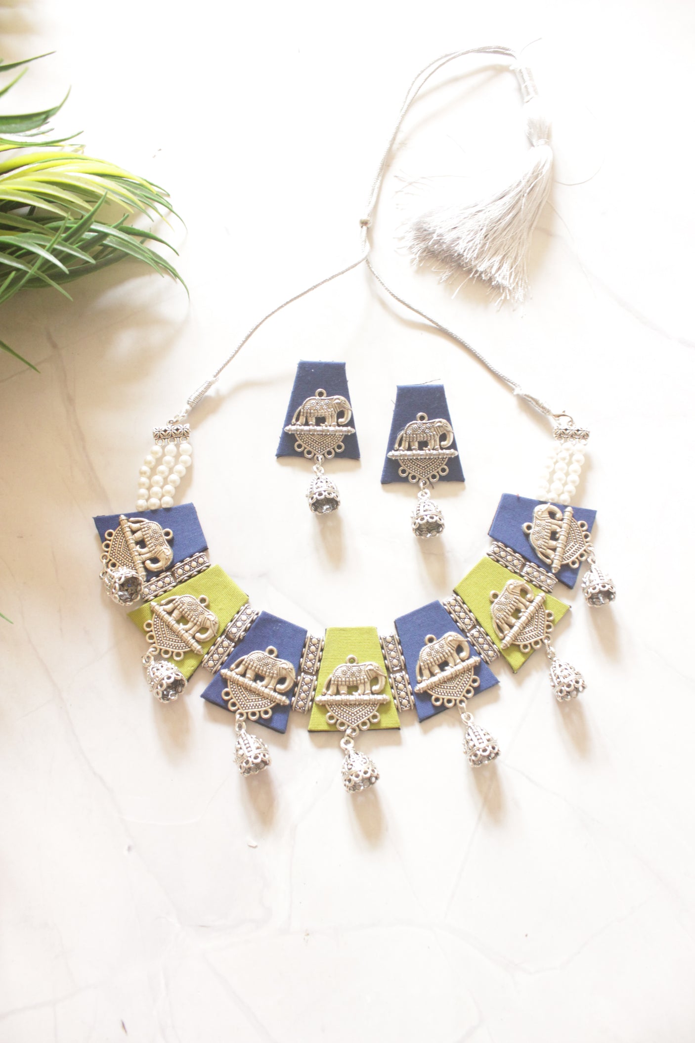 Blue and Green Fabric Tiles Choker Necklace Set with Elephant Charms