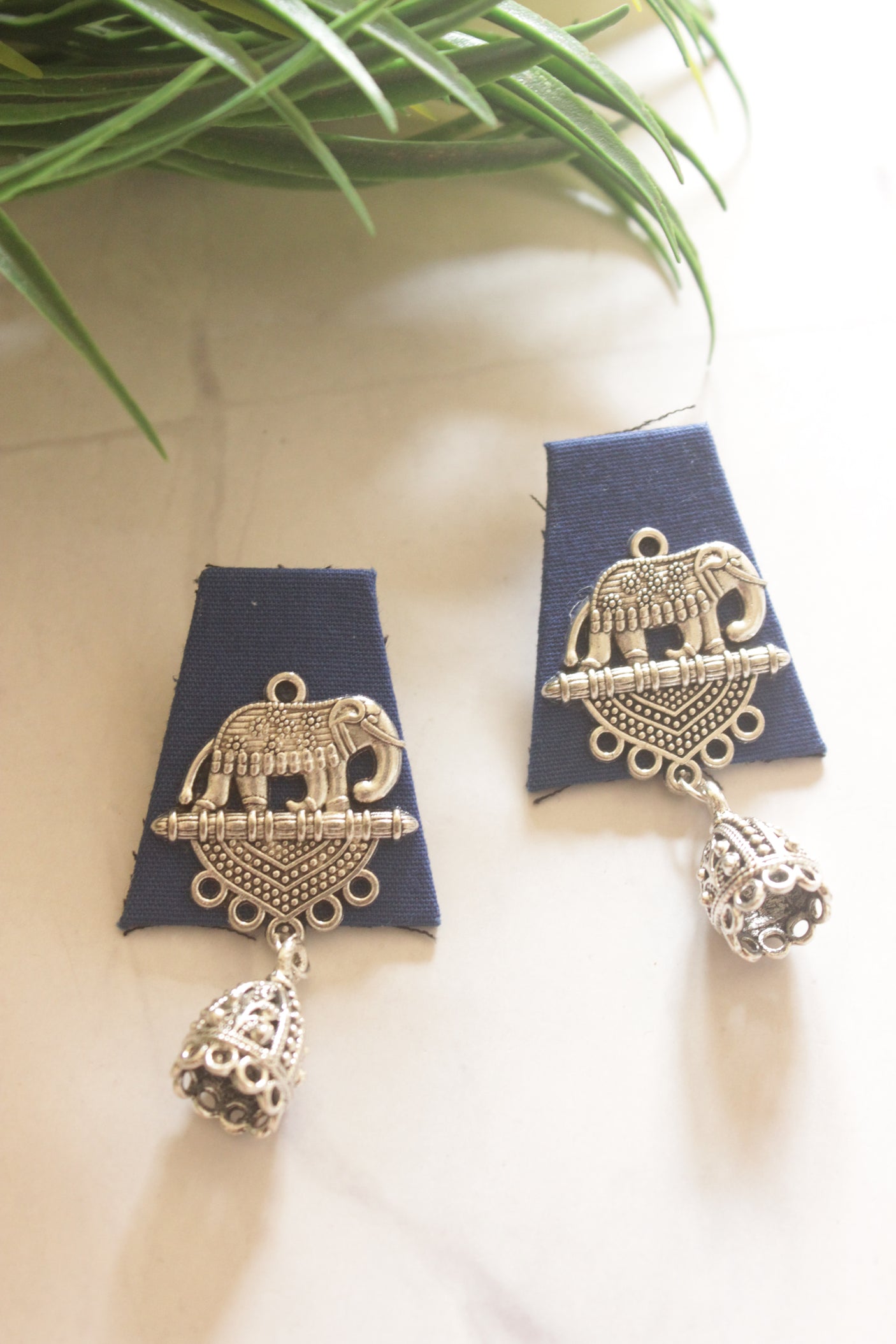 Blue and Green Fabric Tiles Choker Necklace Set with Elephant Charms