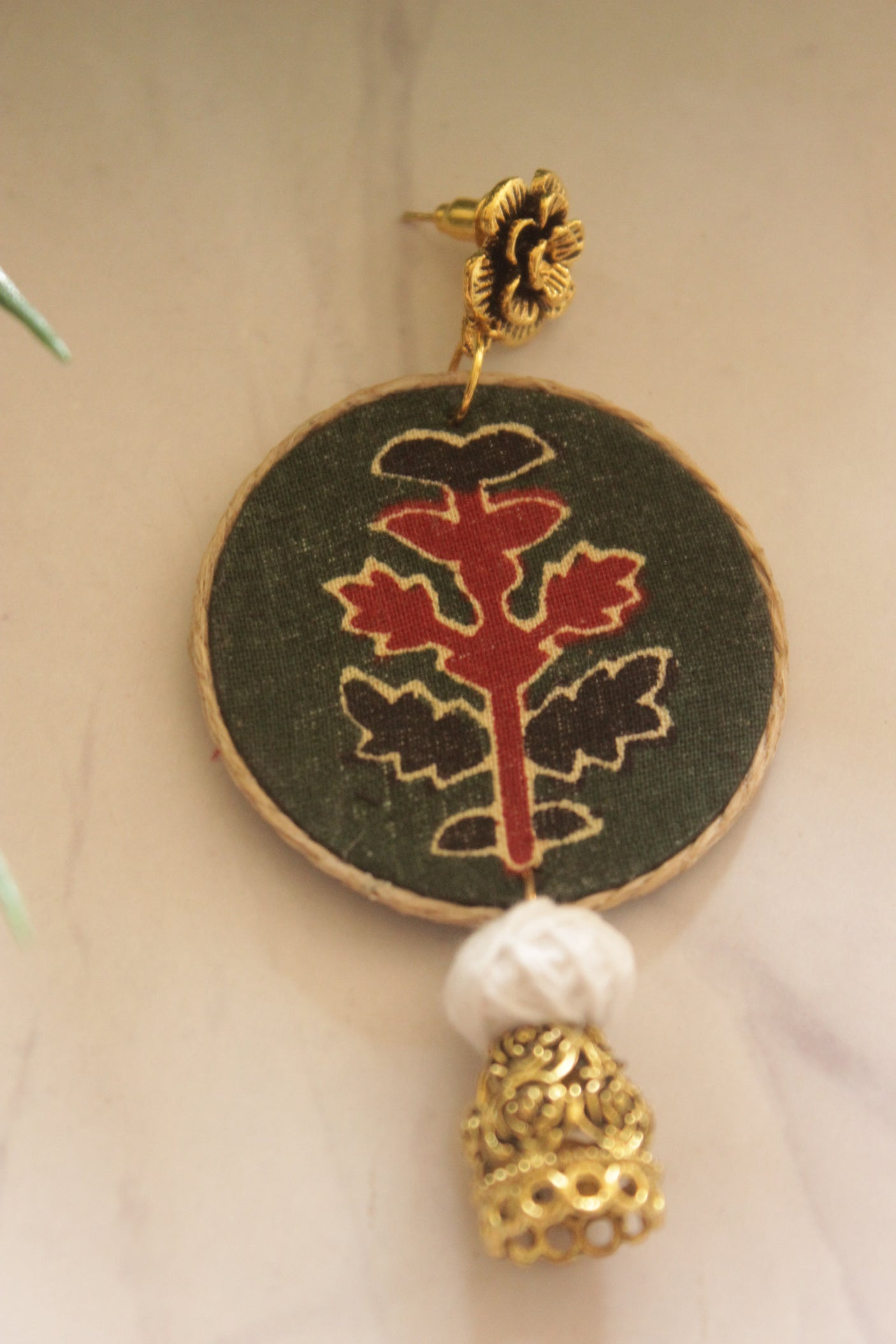 Dark Green Batik Round & Gold Metal Accents Fabric Jhumka Earrings