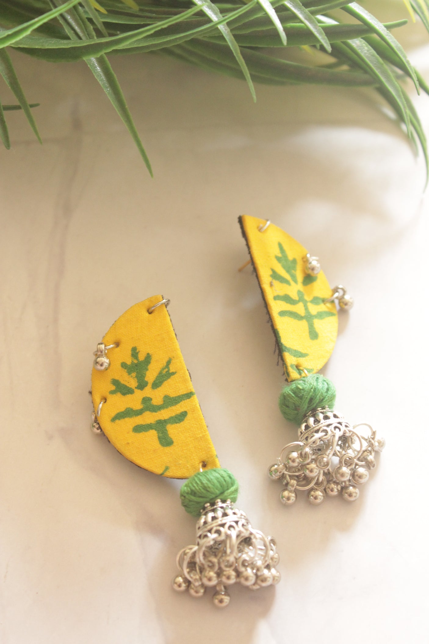 Yellow Batik Half Moon with Silver Jhumka Fabric Earrings