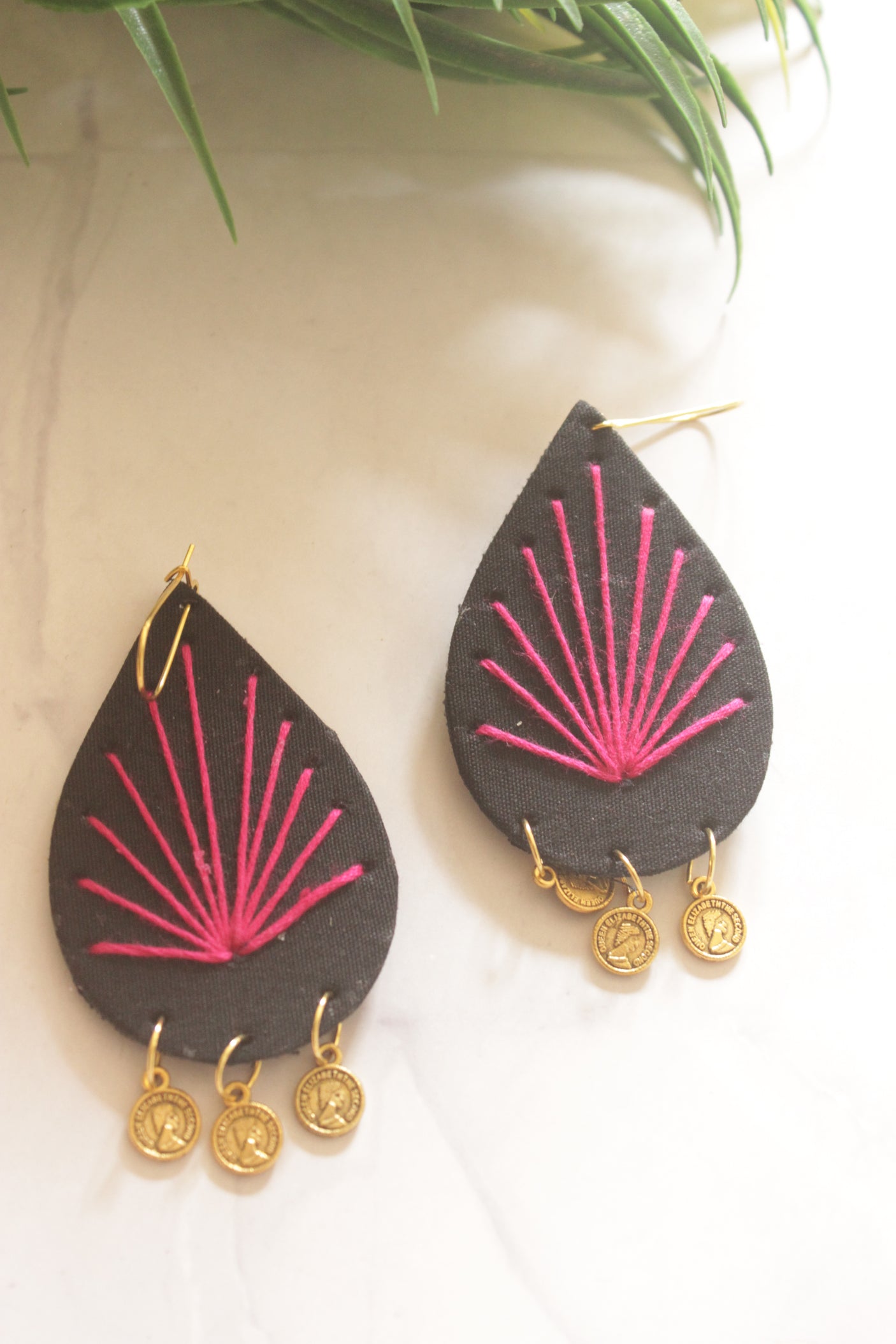 Black Fabric Teardrop with Pink Sunburst Embroidery & Gold Coins Earrings
