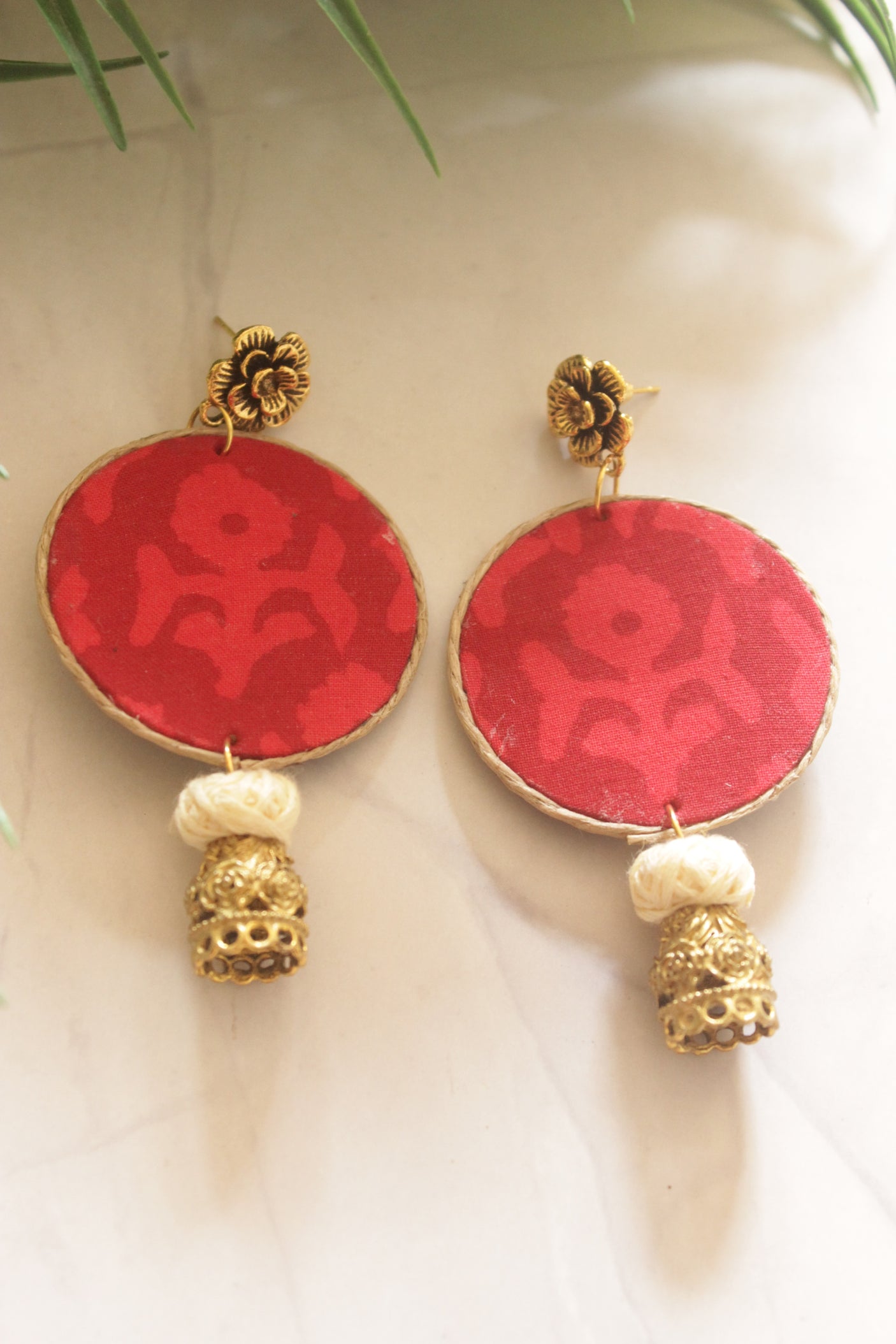 Gulabo Guldasta Red Batik Fabric and Gold Jhumka Earrings
