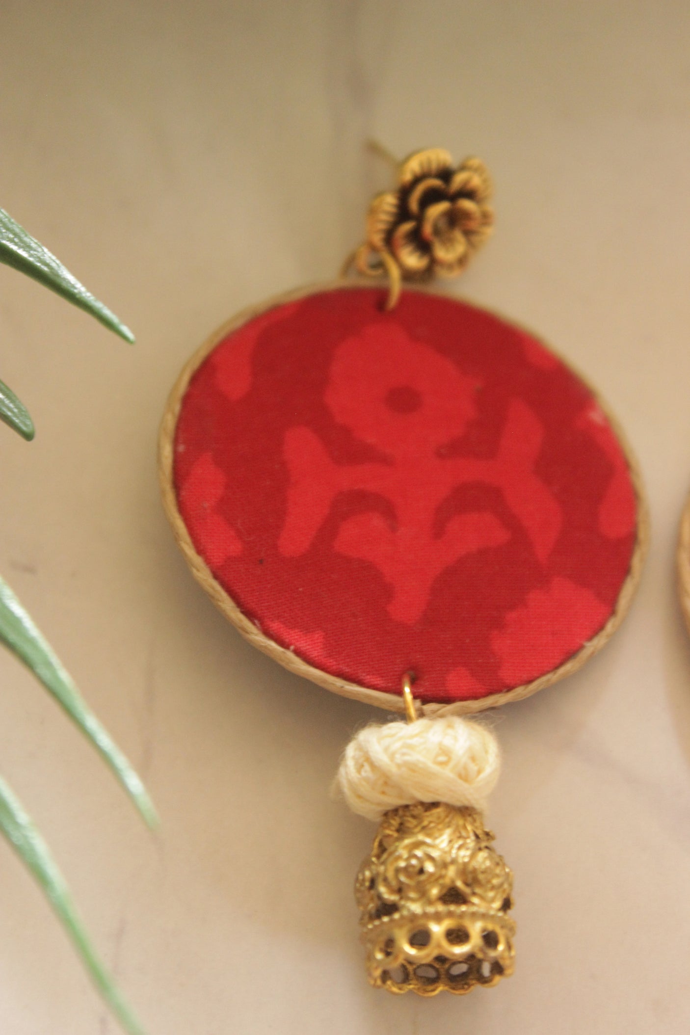 Gulabo Guldasta Red Batik Fabric and Gold Jhumka Earrings