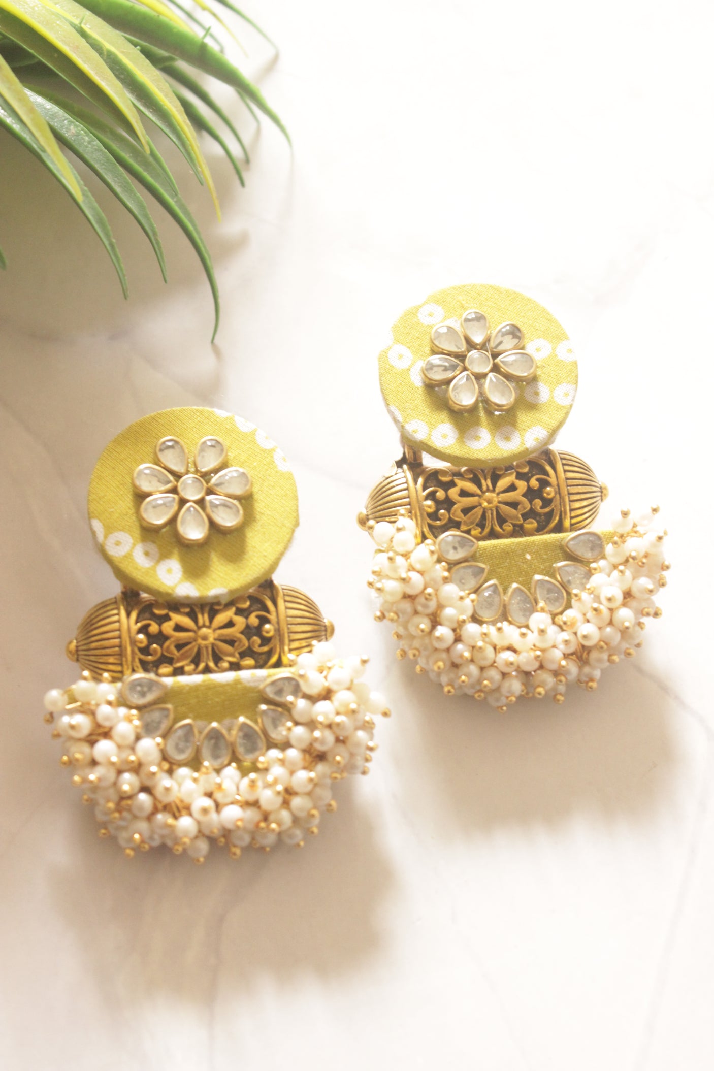 Kundan Flower Olive Green Fabric Jhumka Earrings with Ring