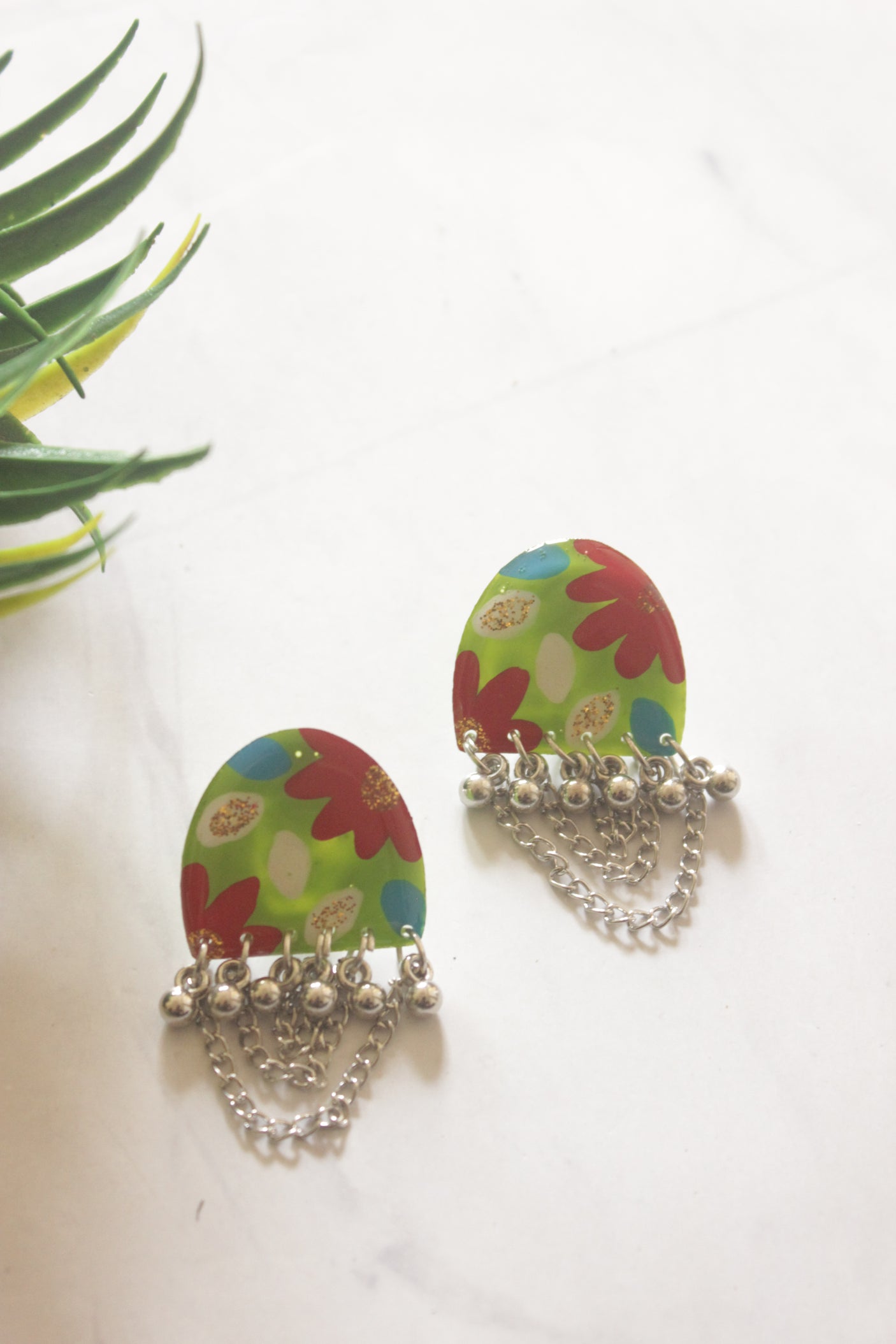 Green Resin Earrings with Metal Chain Accents