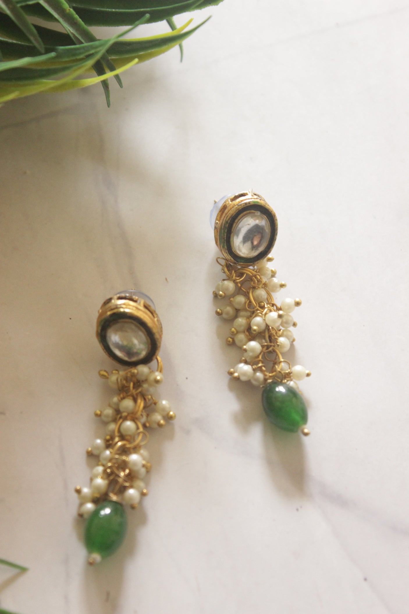 Gold Toned Green Natural Stone Earrings Accentuated with White Beads
