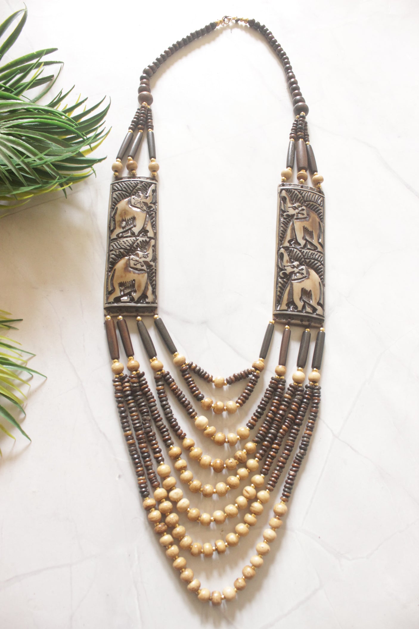 Beige and Brown Bone Beads Statement Necklace with Elephant Motifs