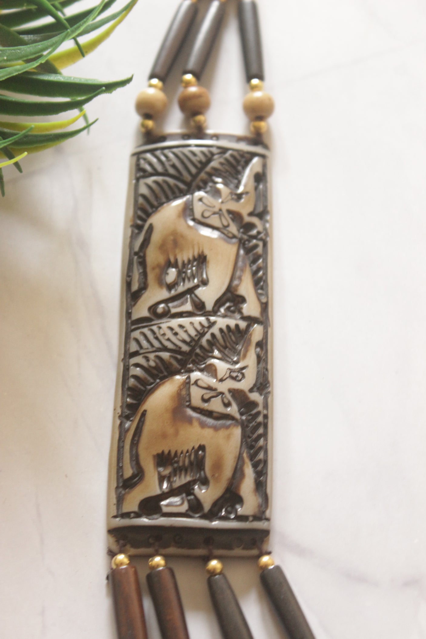 Beige and Brown Bone Beads Statement Necklace with Elephant Motifs