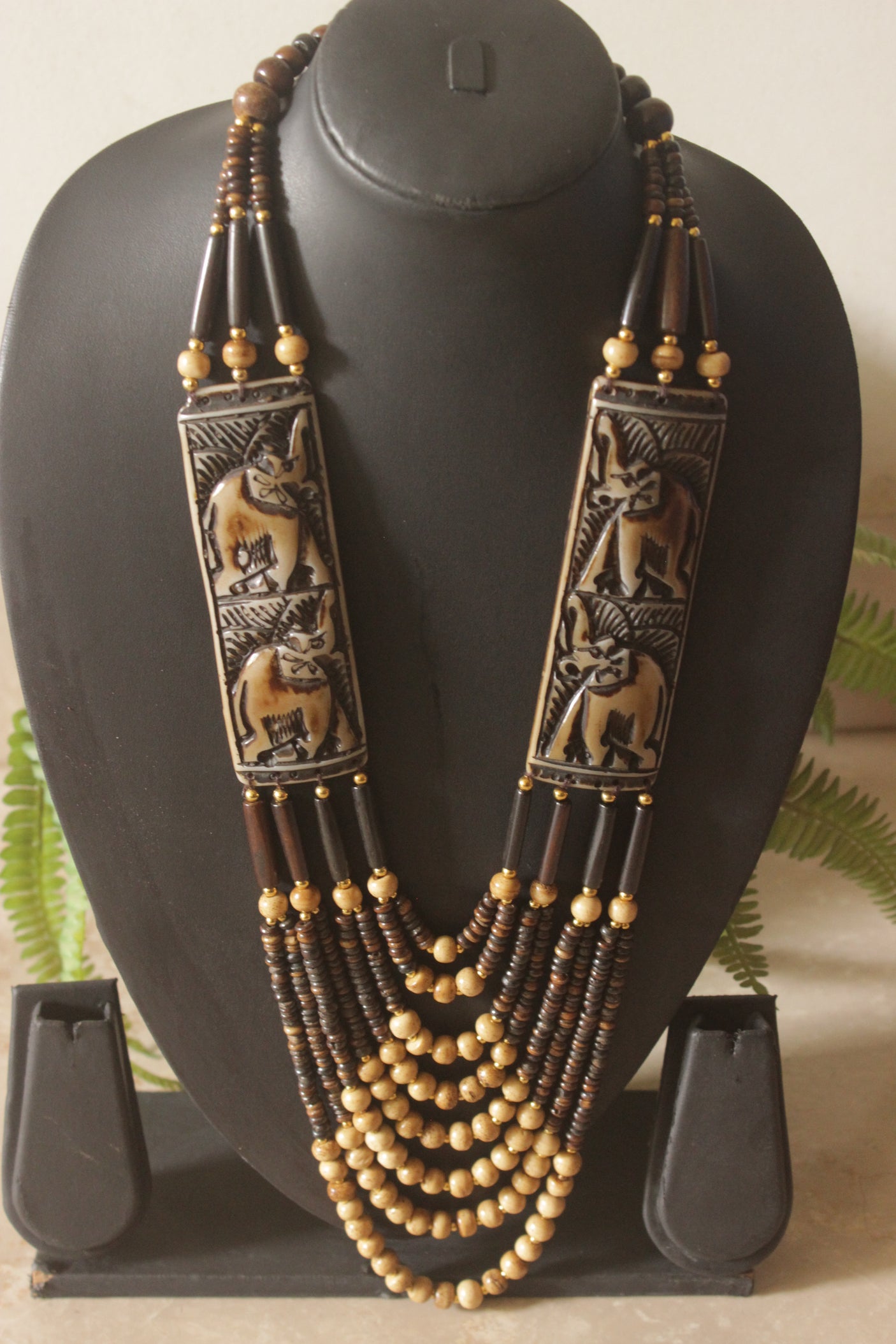 Beige and Brown Bone Beads Statement Necklace with Elephant Motifs