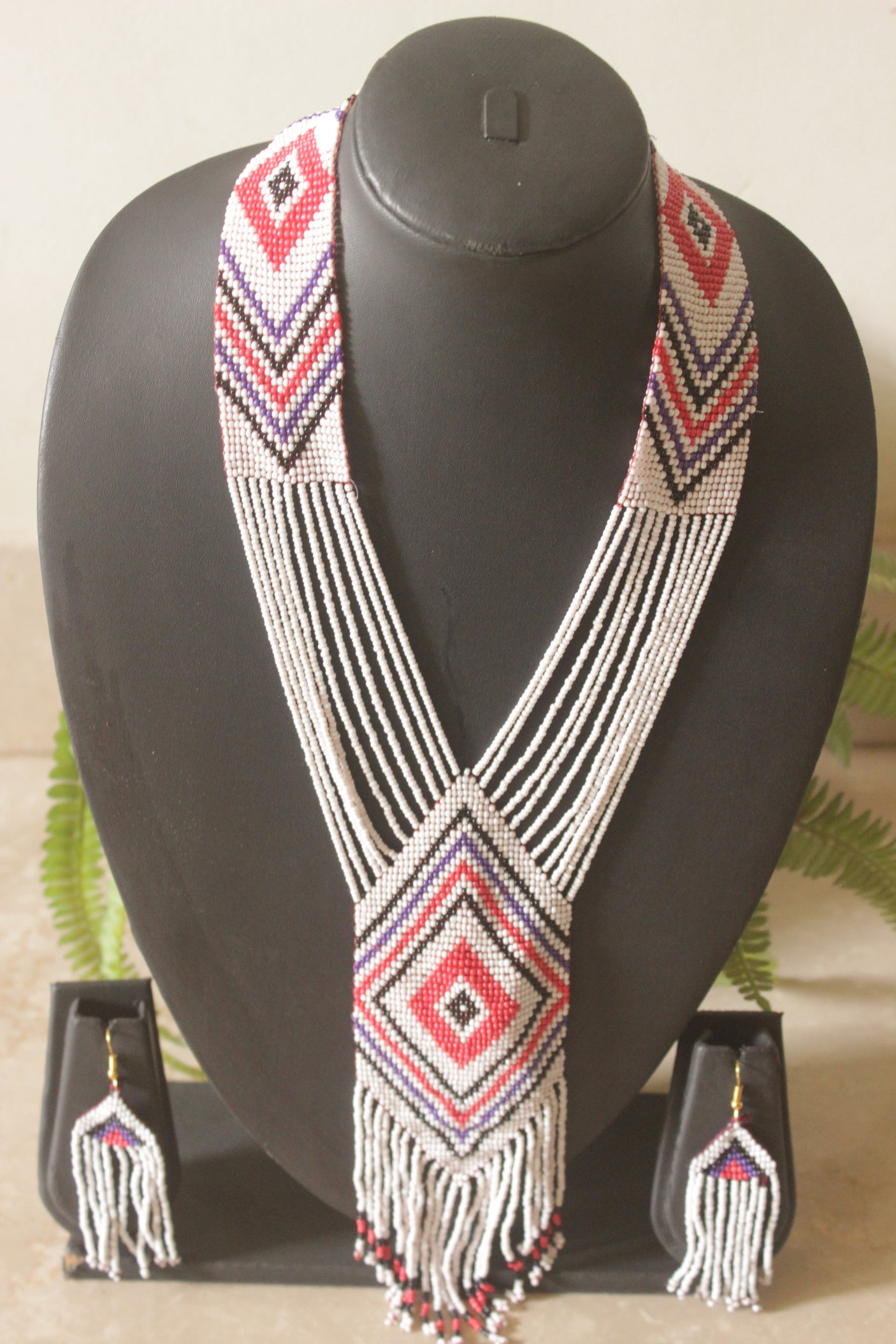Off-White and Multi-Color Hand Beaded Long Necklace Set