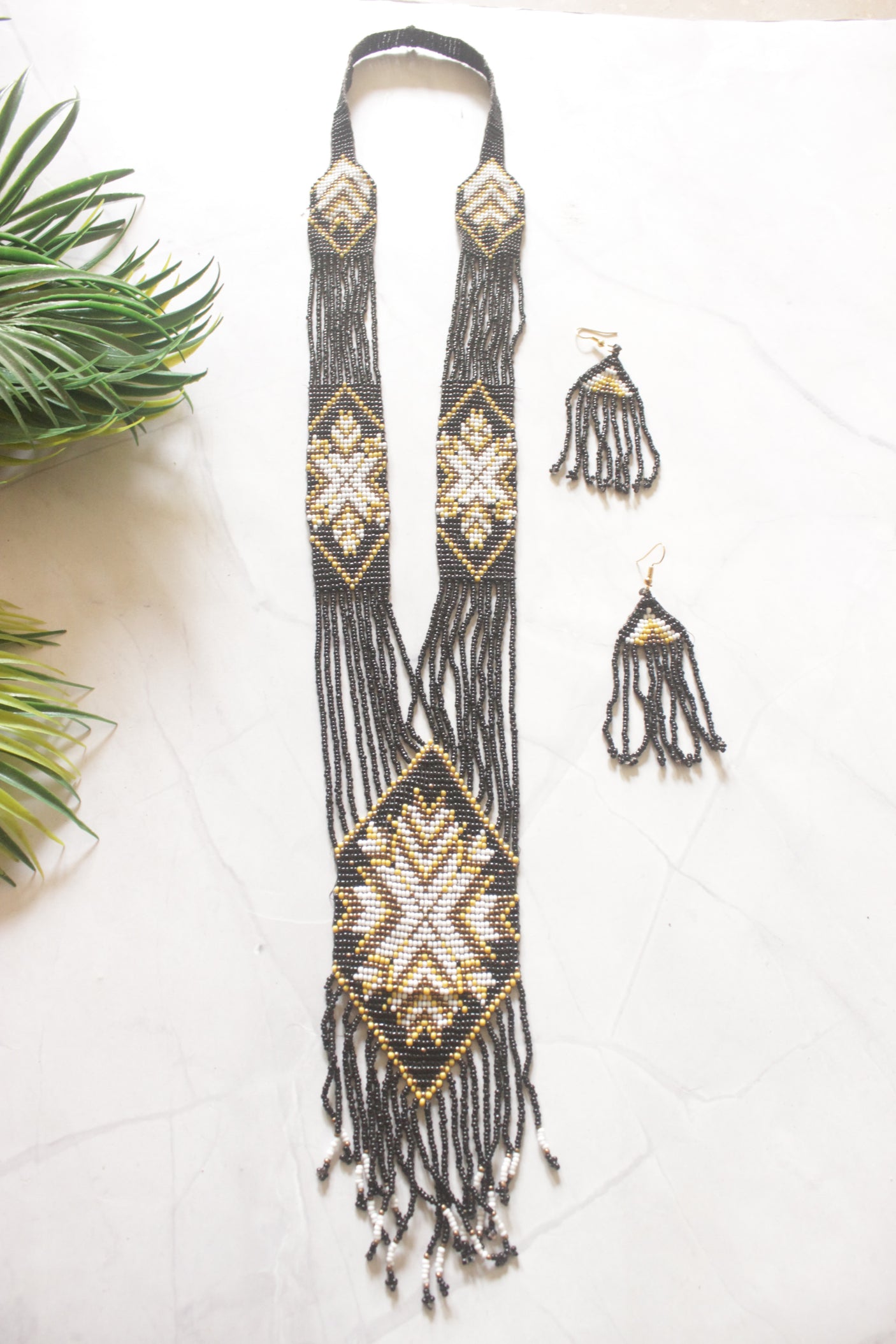 Black and Multi-Color Hand Beaded Long Necklace Set