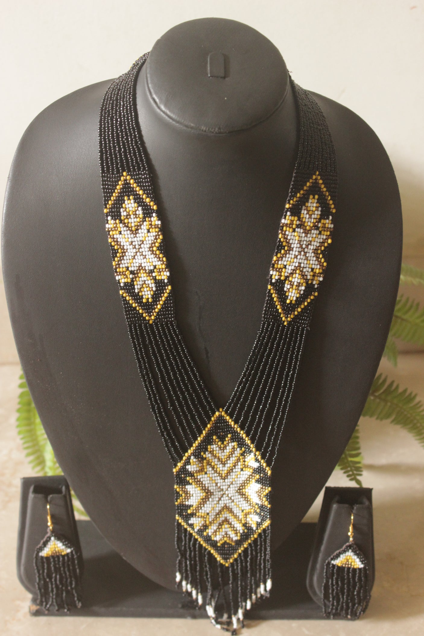 Black and Multi-Color Hand Beaded Long Necklace Set