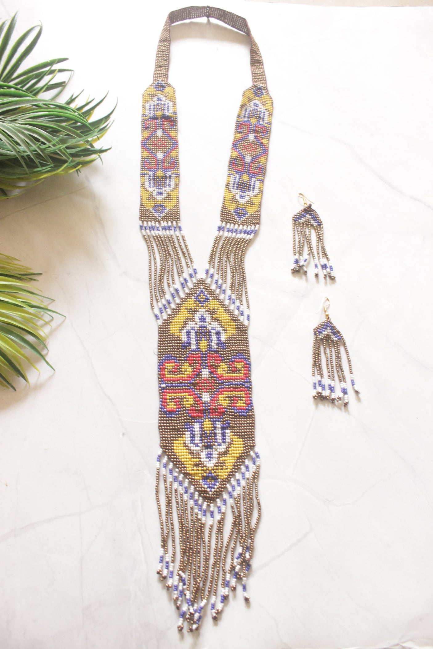 Bronze and Multi-Color Hand Beaded Long Necklace Set