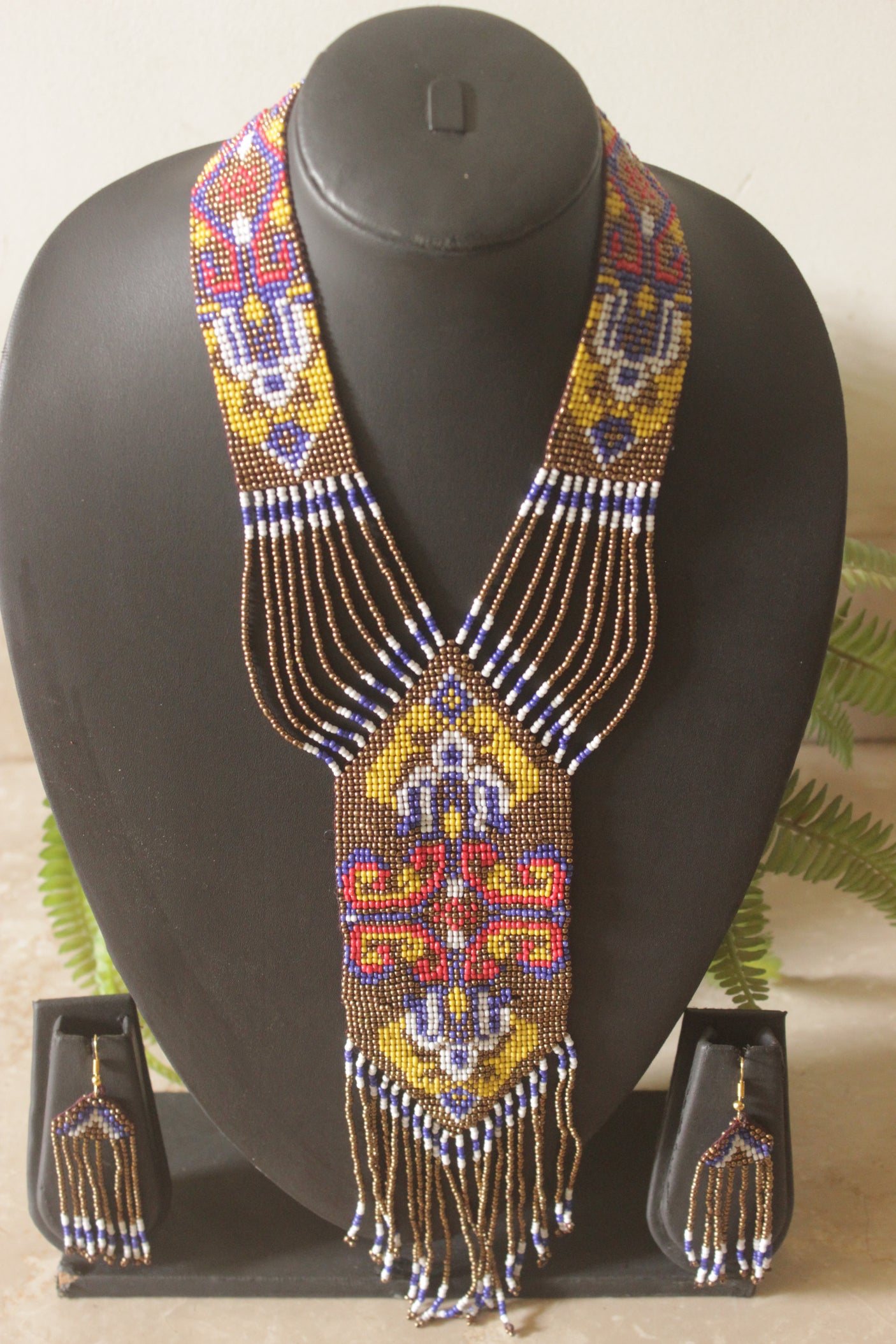 Bronze and Multi-Color Hand Beaded Long Necklace Set