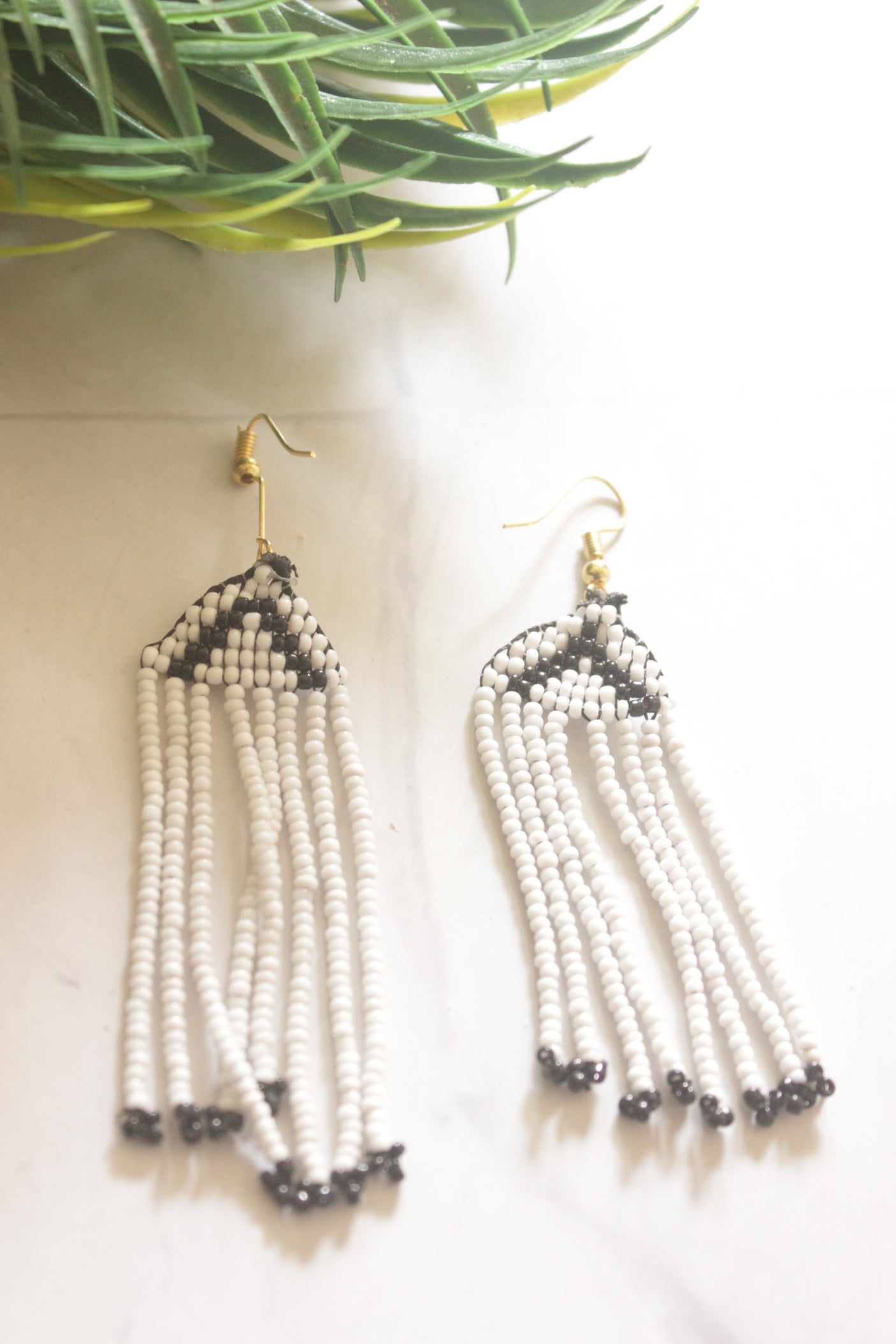 White and Green Hand Beaded Long Necklace Set