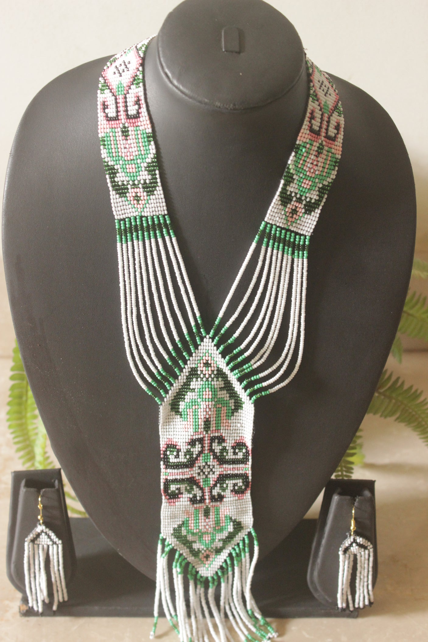 White and Green Hand Beaded Long Necklace Set