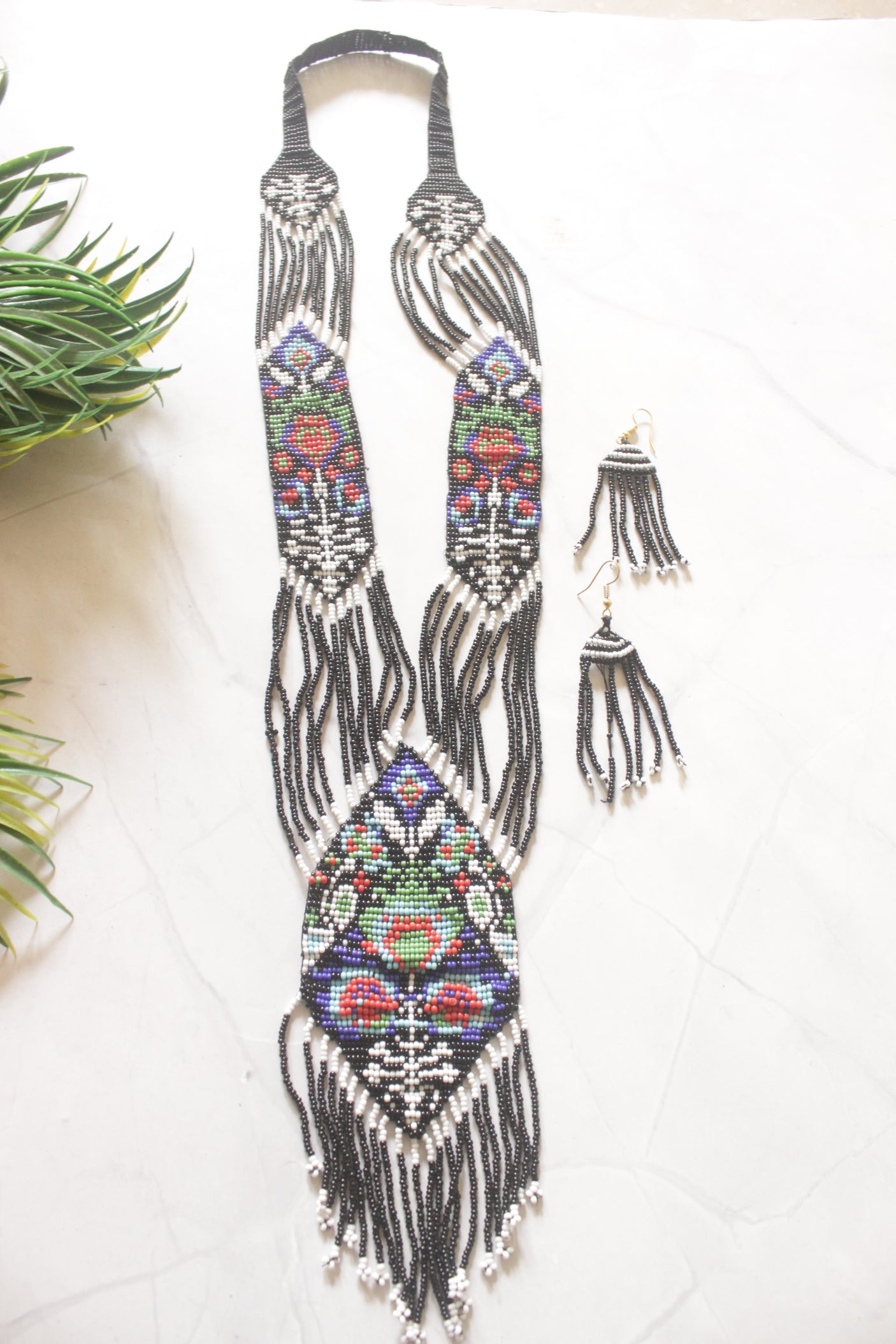 Black and Multi-Color Hand Beaded Long Necklace Set