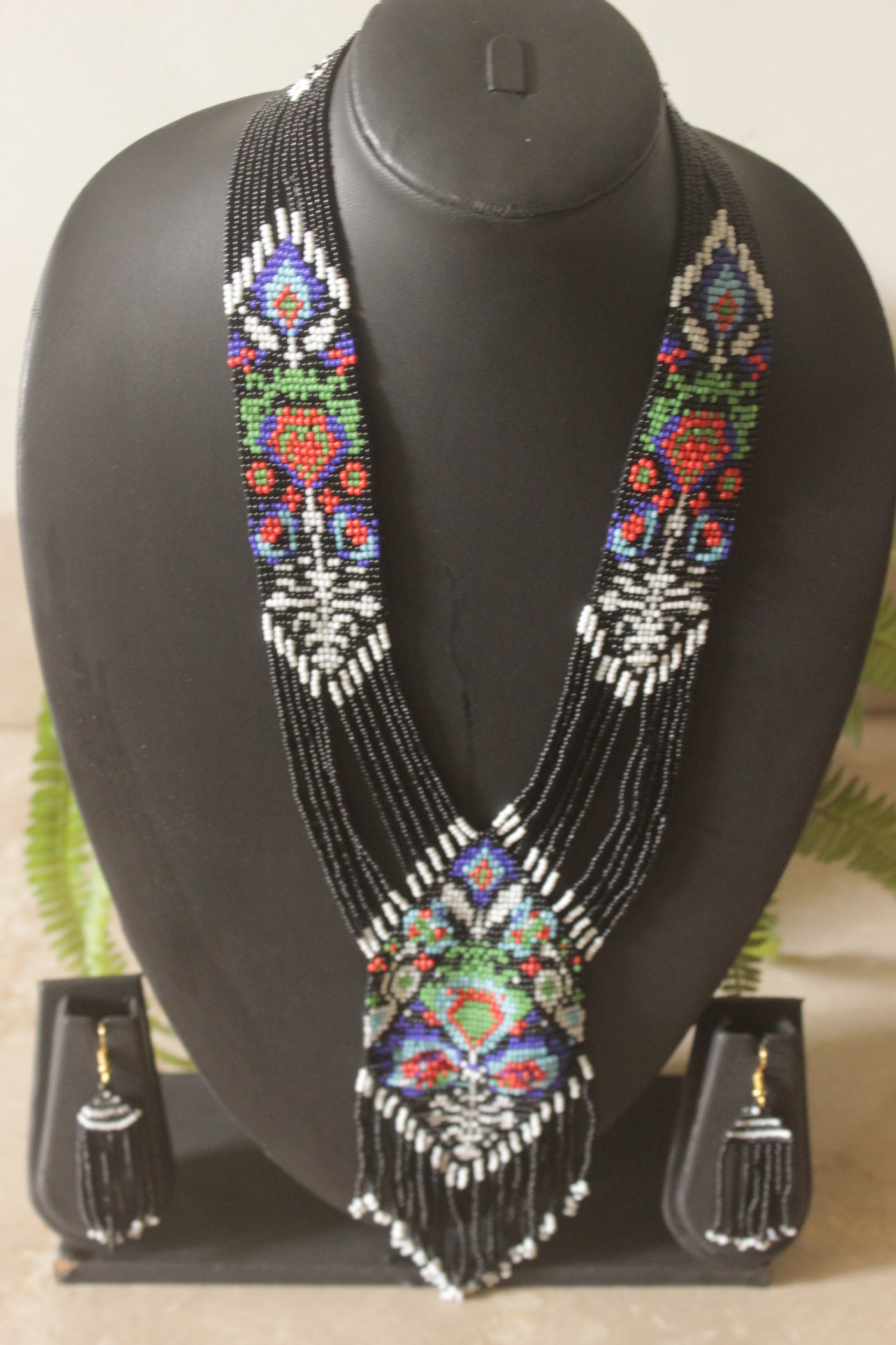 Black and Multi-Color Hand Beaded Long Necklace Set