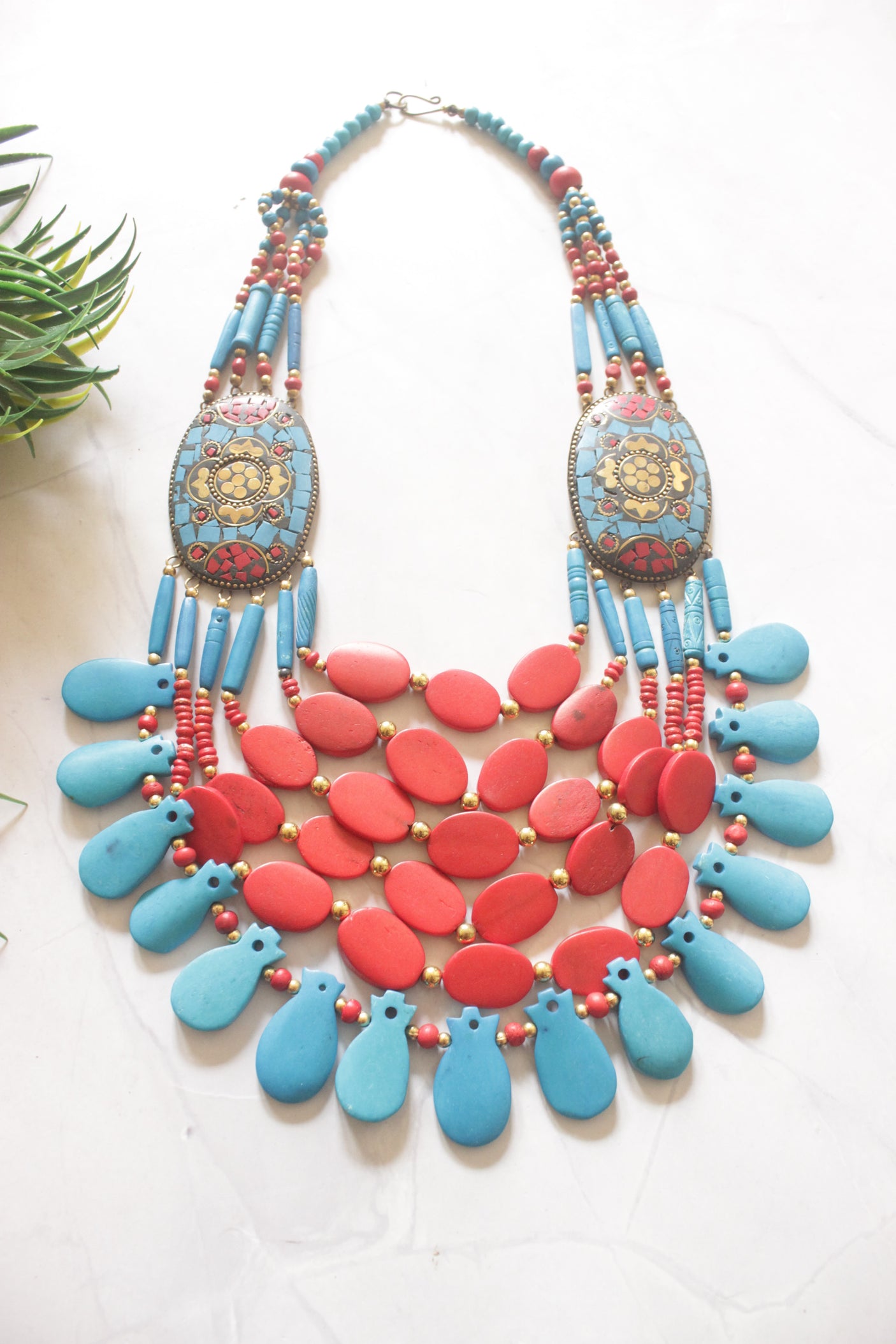 Red and Blue Bone Beads Statement Necklace with Tibetan Details