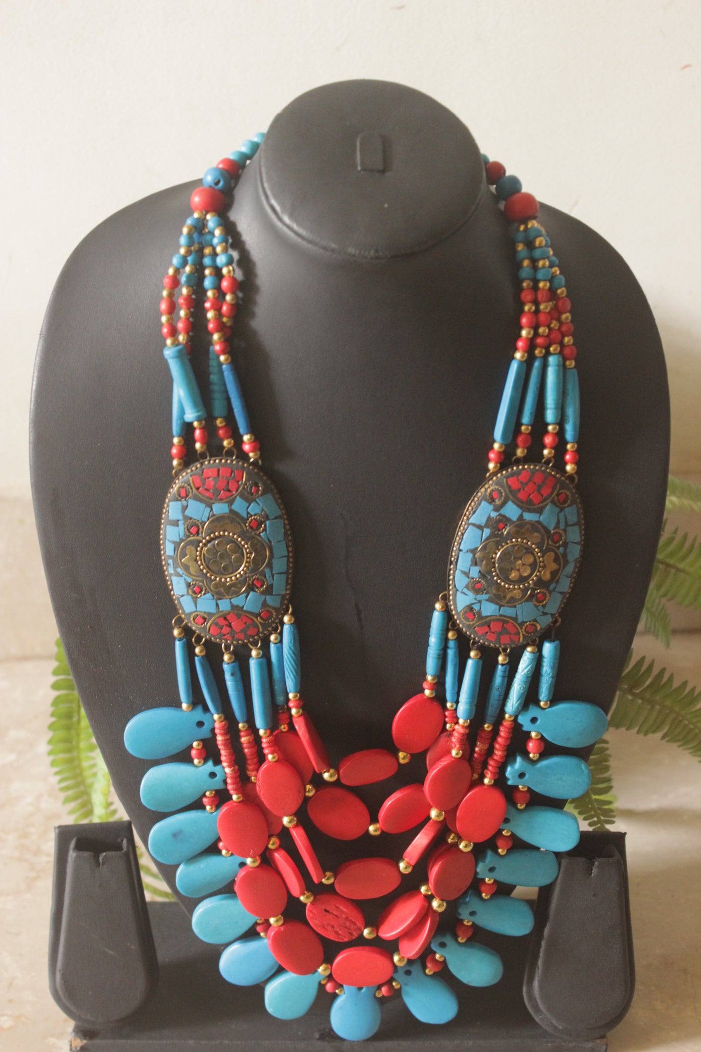 Red and Blue Bone Beads Statement Necklace with Tibetan Details